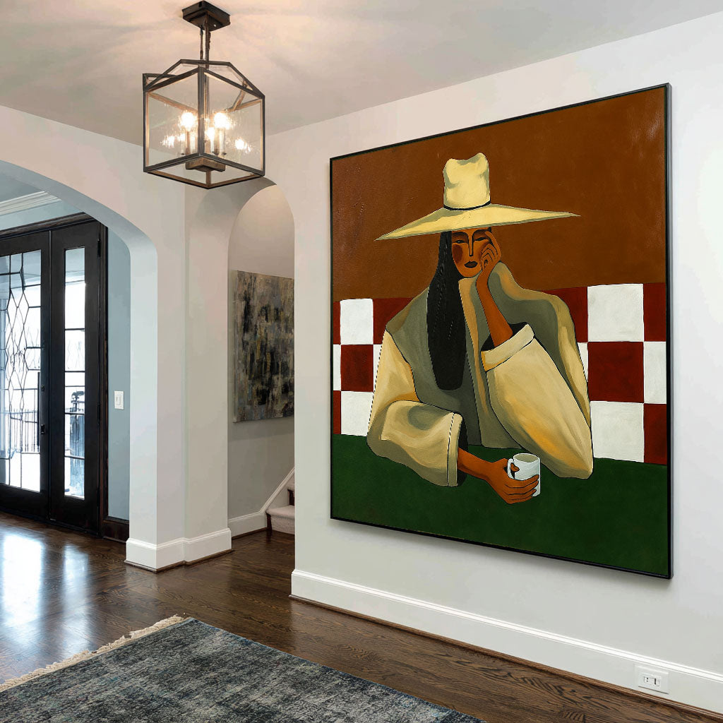 Original Modern Female Portrait Painting - Elegant Woman and Coffee Abstract Wall Art