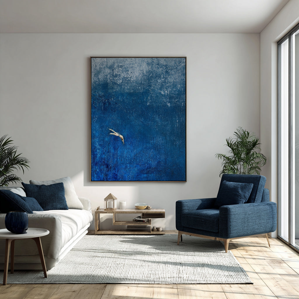 “Dive into the Blue" Original Hand-Painted Diver Minimalist Painting - Textured Deep Blue Abstract Wall Art