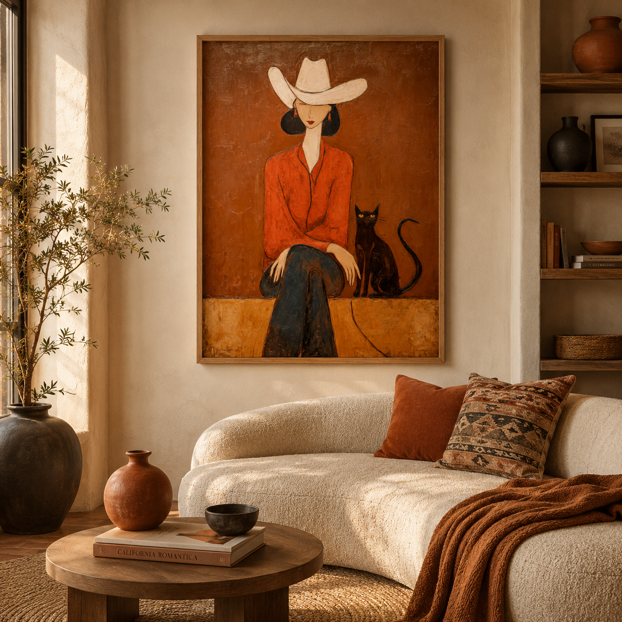 Cowgirl with Black Cat Painting