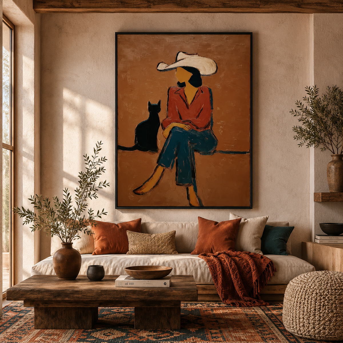 Cowgirl with Black Cat Painting Love Pet