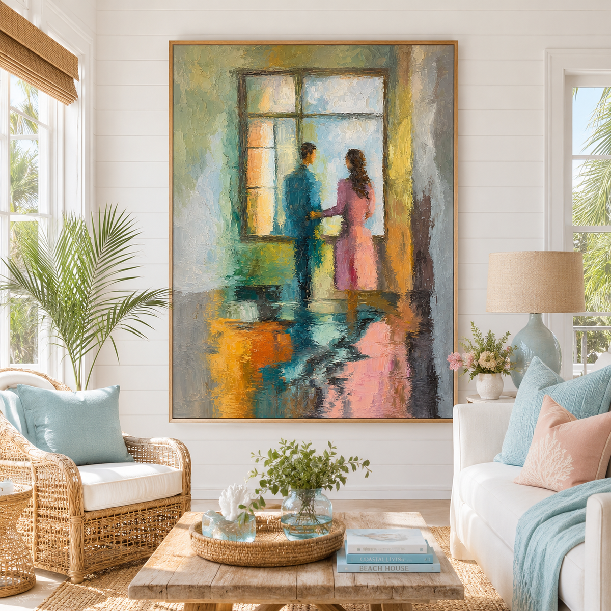 Hand-Painted Abstract Water Reflection Painting -- Modern Contemporary Wall Art Window