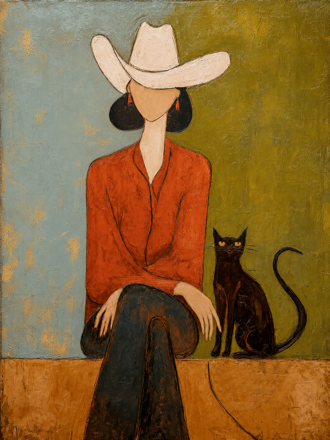 White Hat Cowgirl with Black Cat Painting