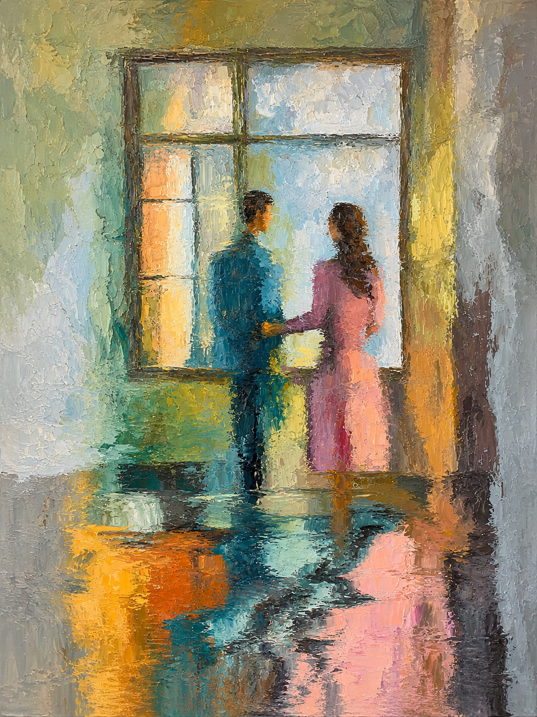Hand-Painted Abstract Water Reflection Painting -- Modern Contemporary Wall Art Window