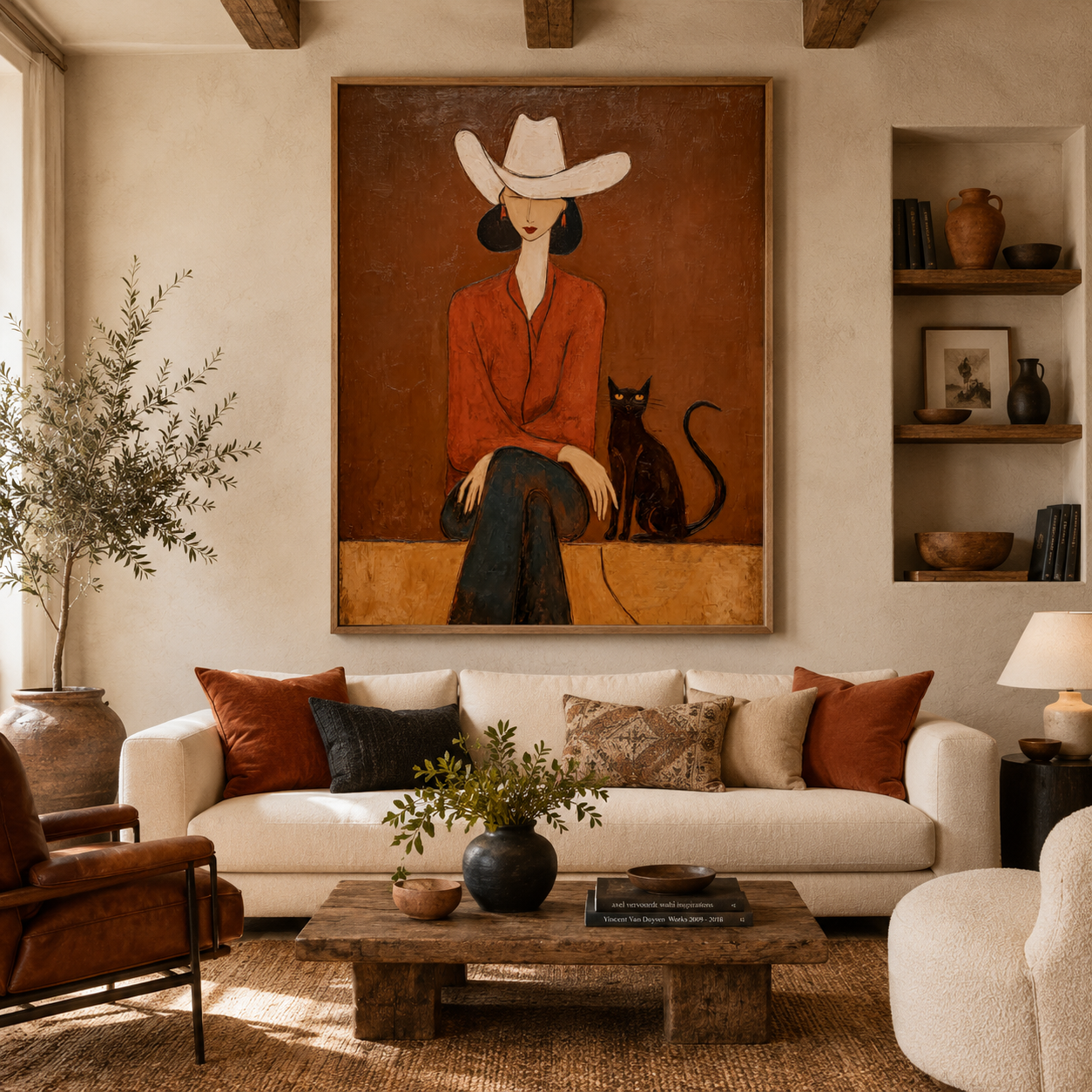 Cowgirl with Black Cat Painting