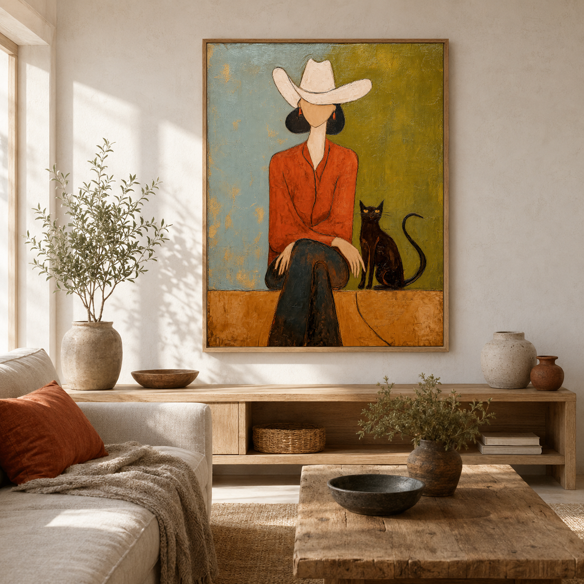 White Hat Cowgirl with Black Cat Painting