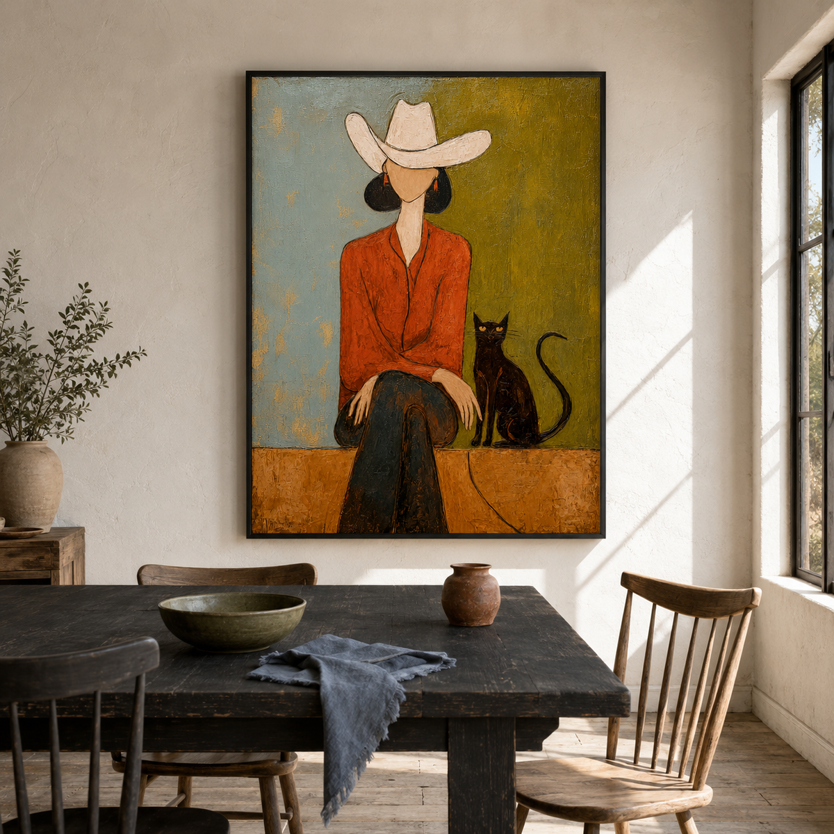 White Hat Cowgirl with Black Cat Painting