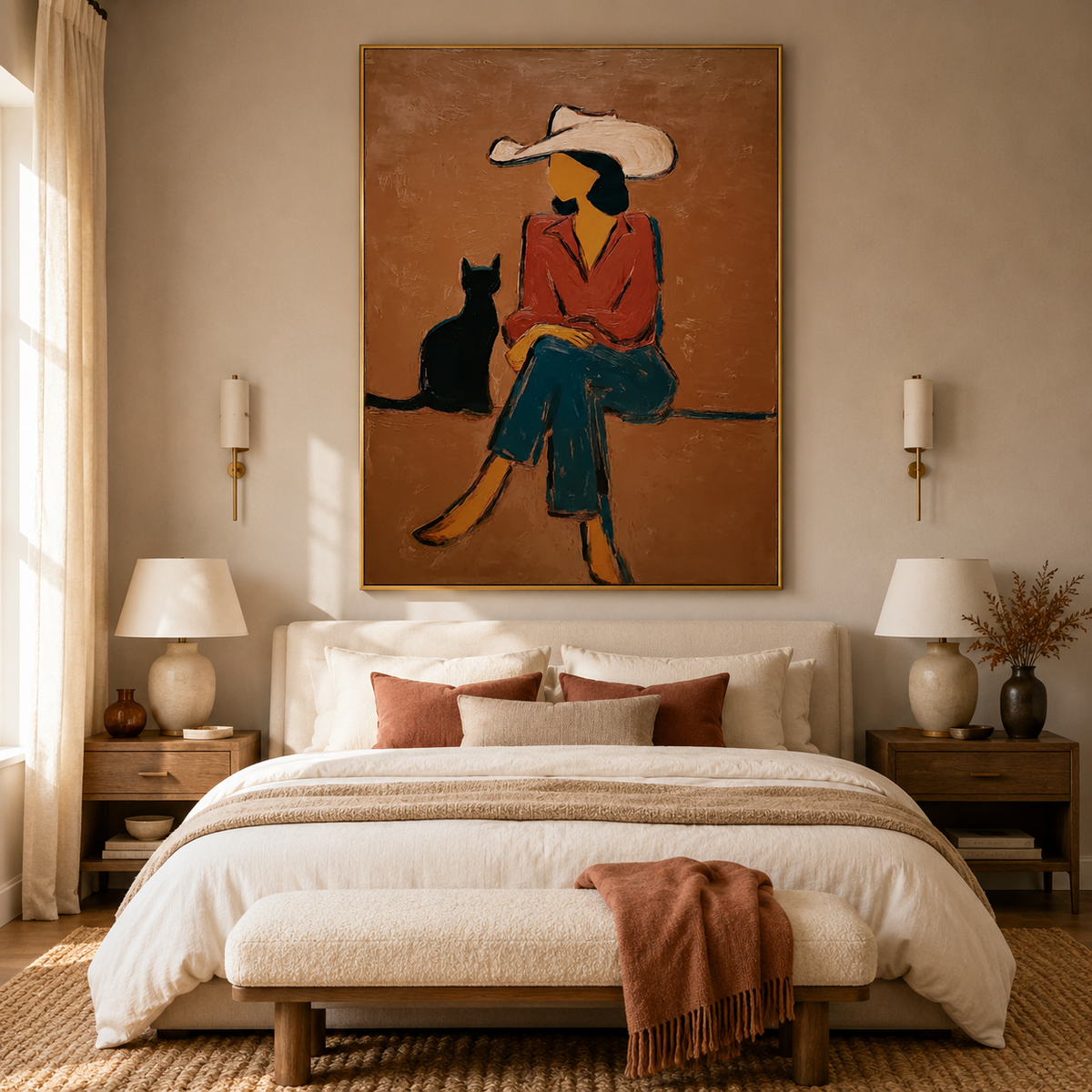 Cowgirl with Black Cat Painting Love Pet