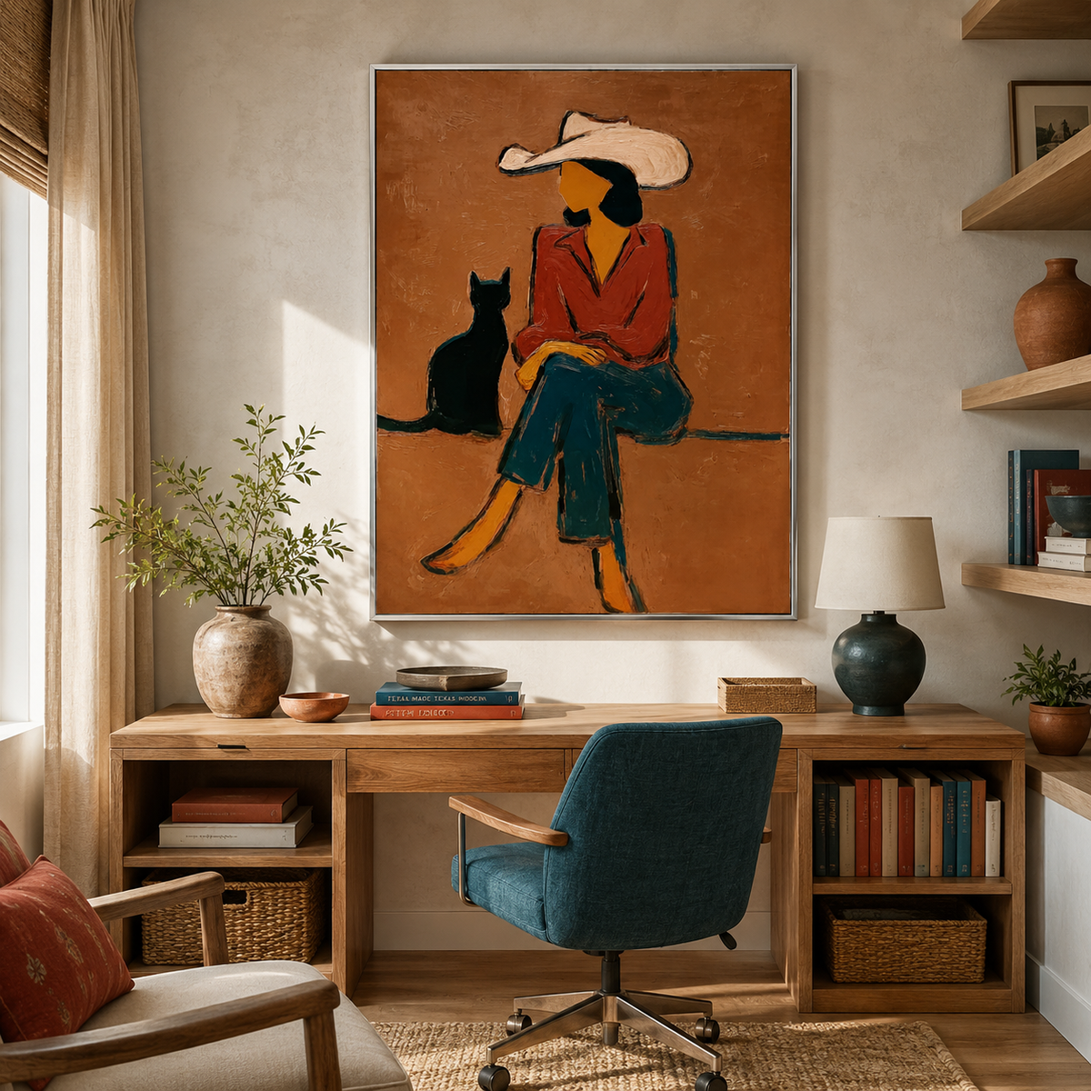 Cowgirl with Black Cat Painting Love Pet