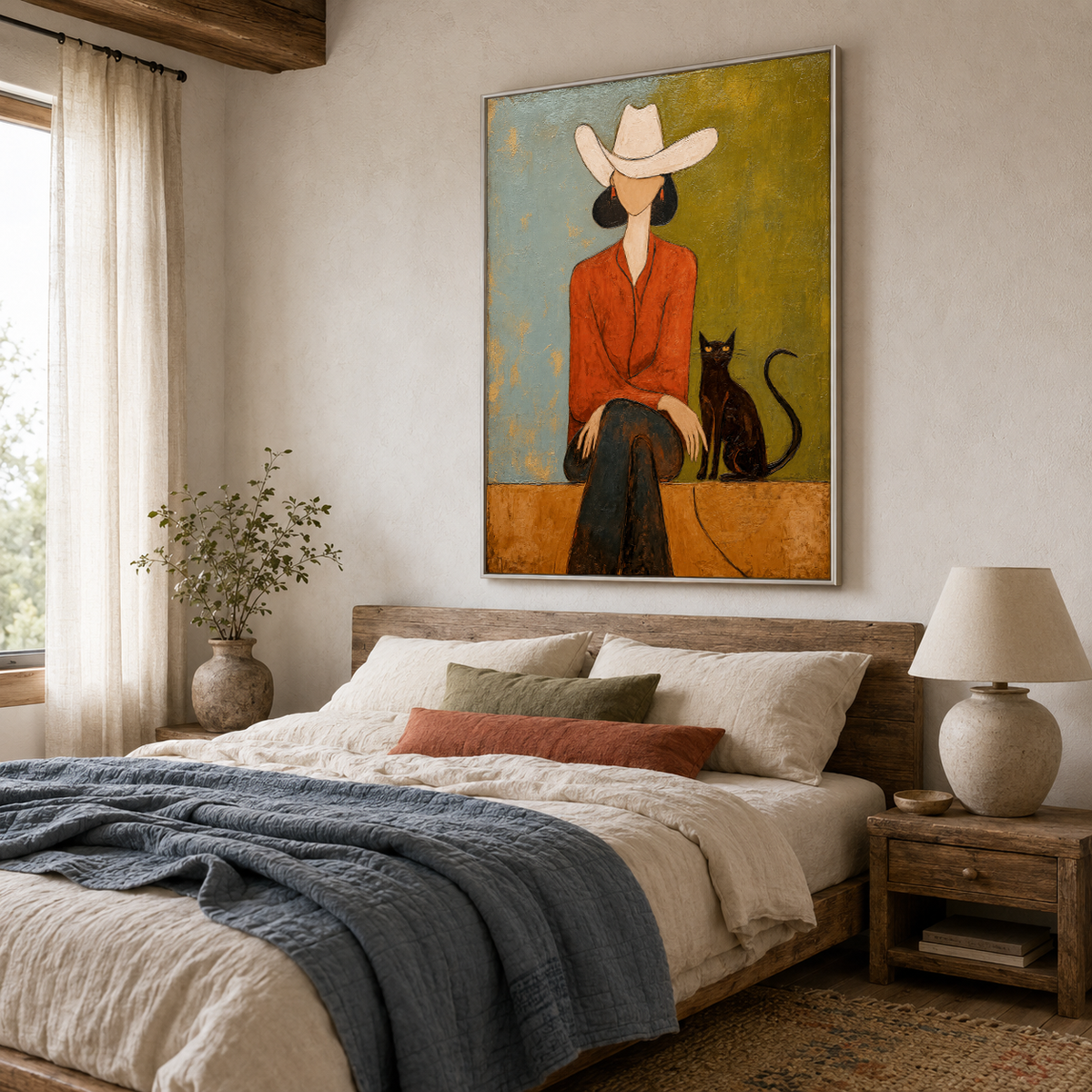 White Hat Cowgirl with Black Cat Painting