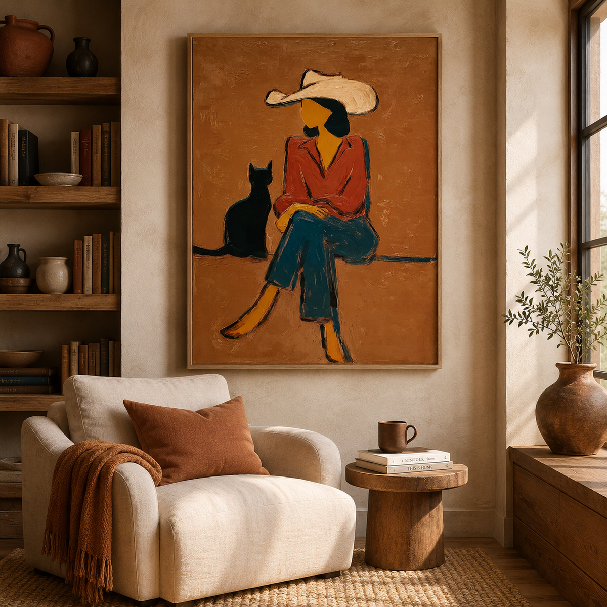 Cowgirl with Black Cat Painting Love Pet