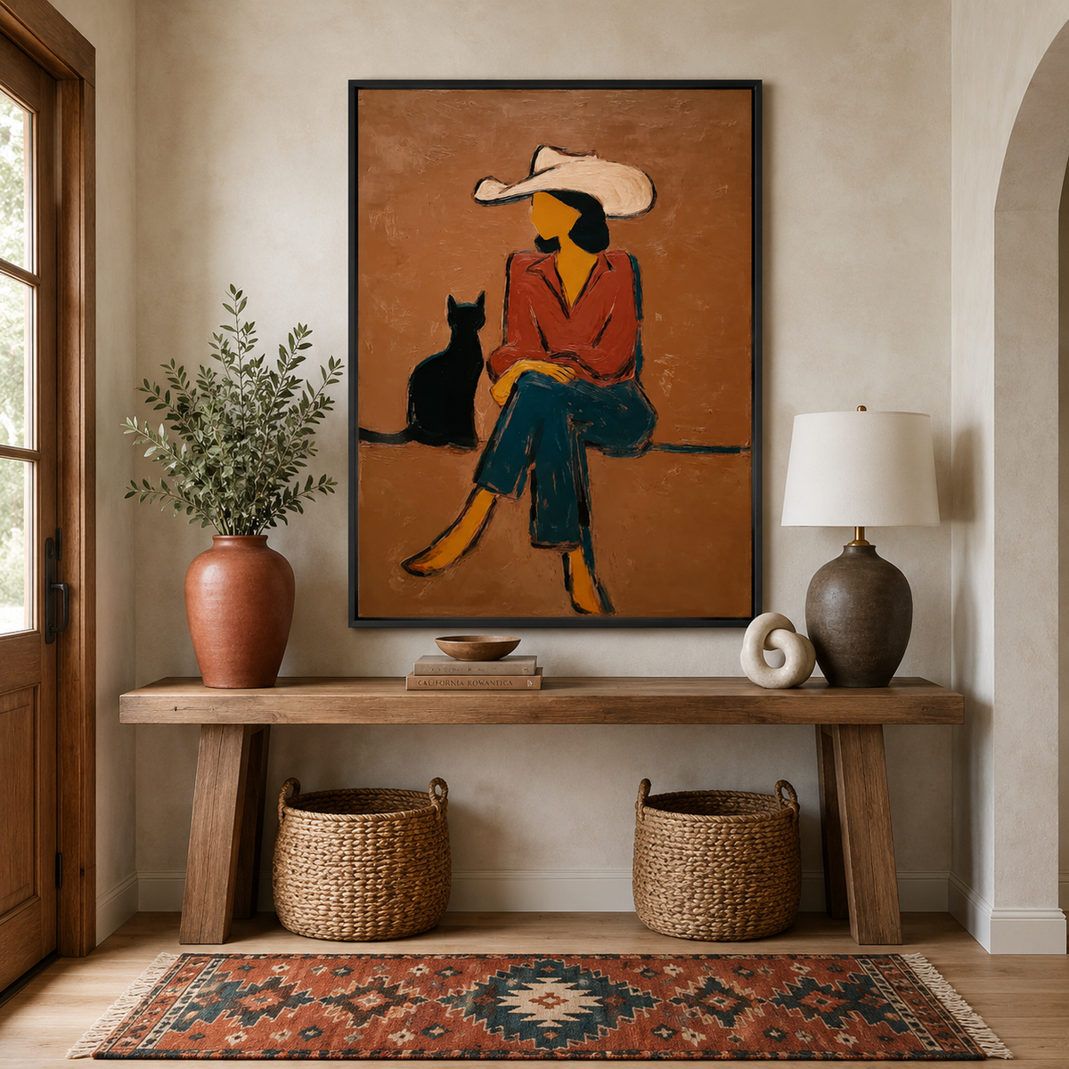 Cowgirl with Black Cat Painting Love Pet