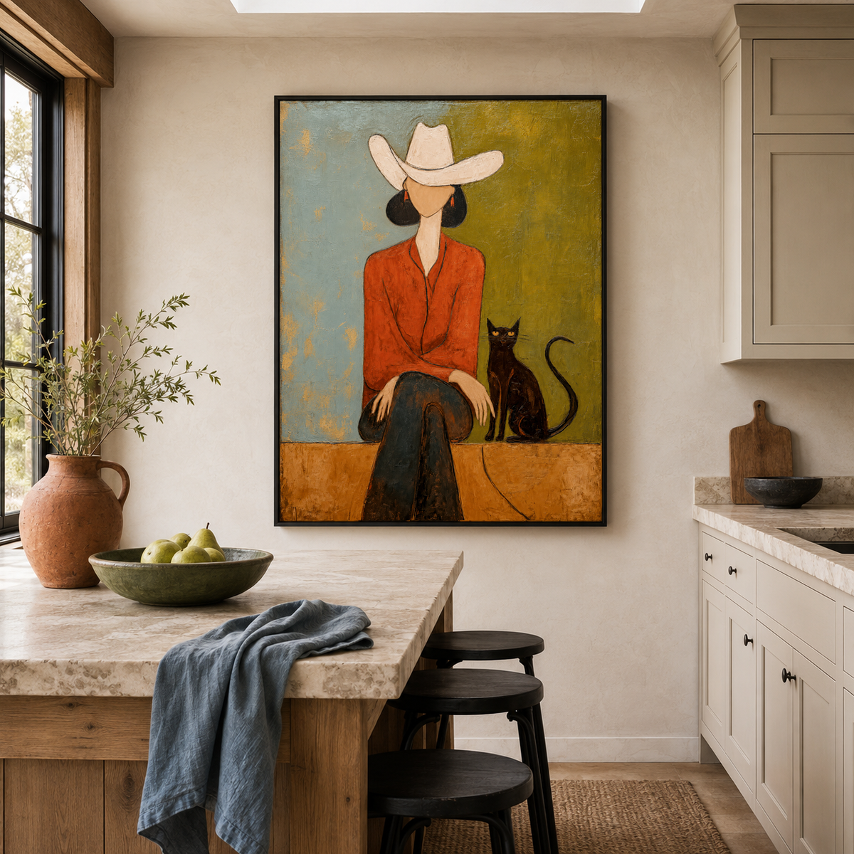 White Hat Cowgirl with Black Cat Painting