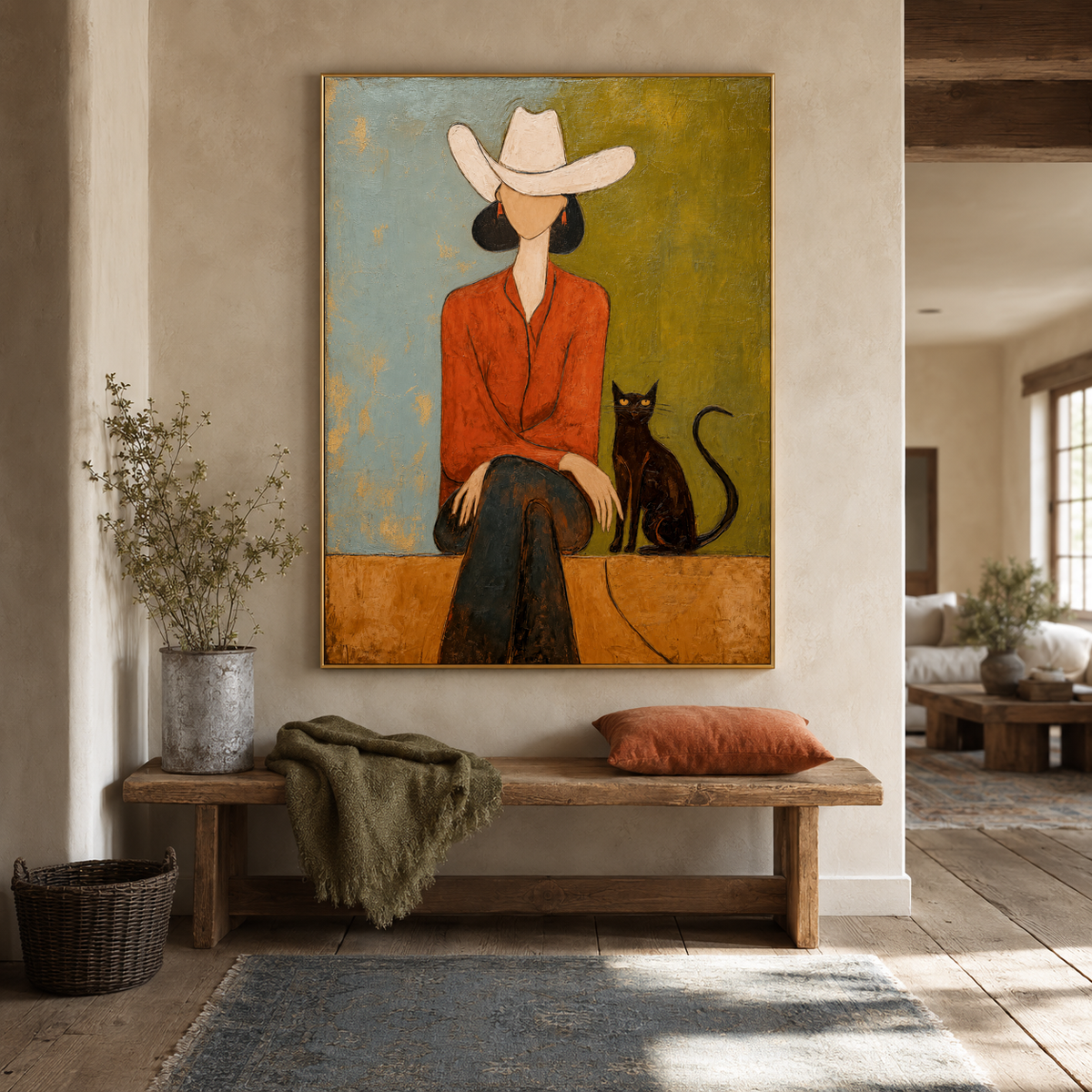 White Hat Cowgirl with Black Cat Painting