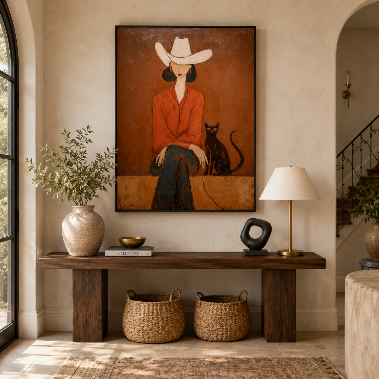 Cowgirl with Black Cat Painting