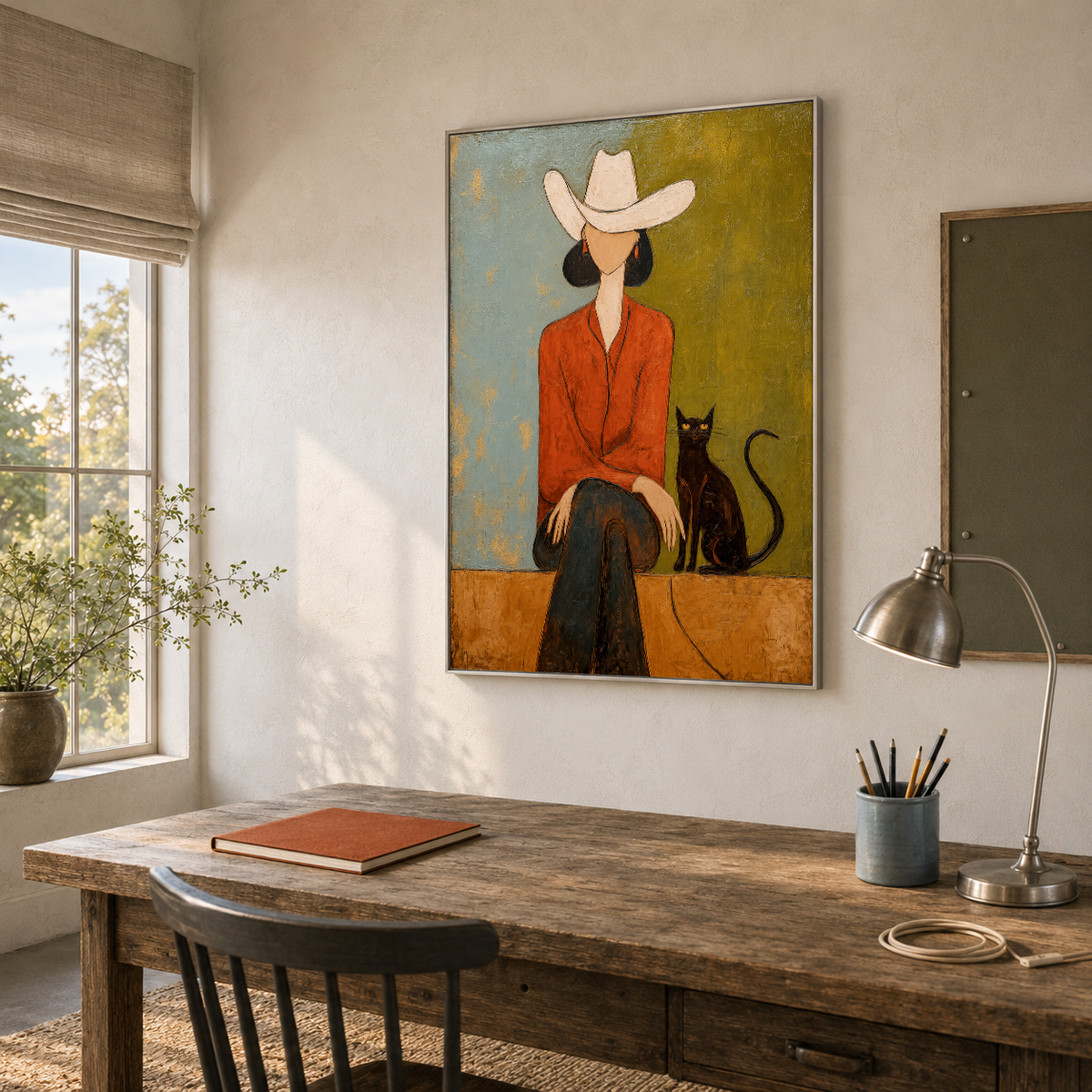 White Hat Cowgirl with Black Cat Painting