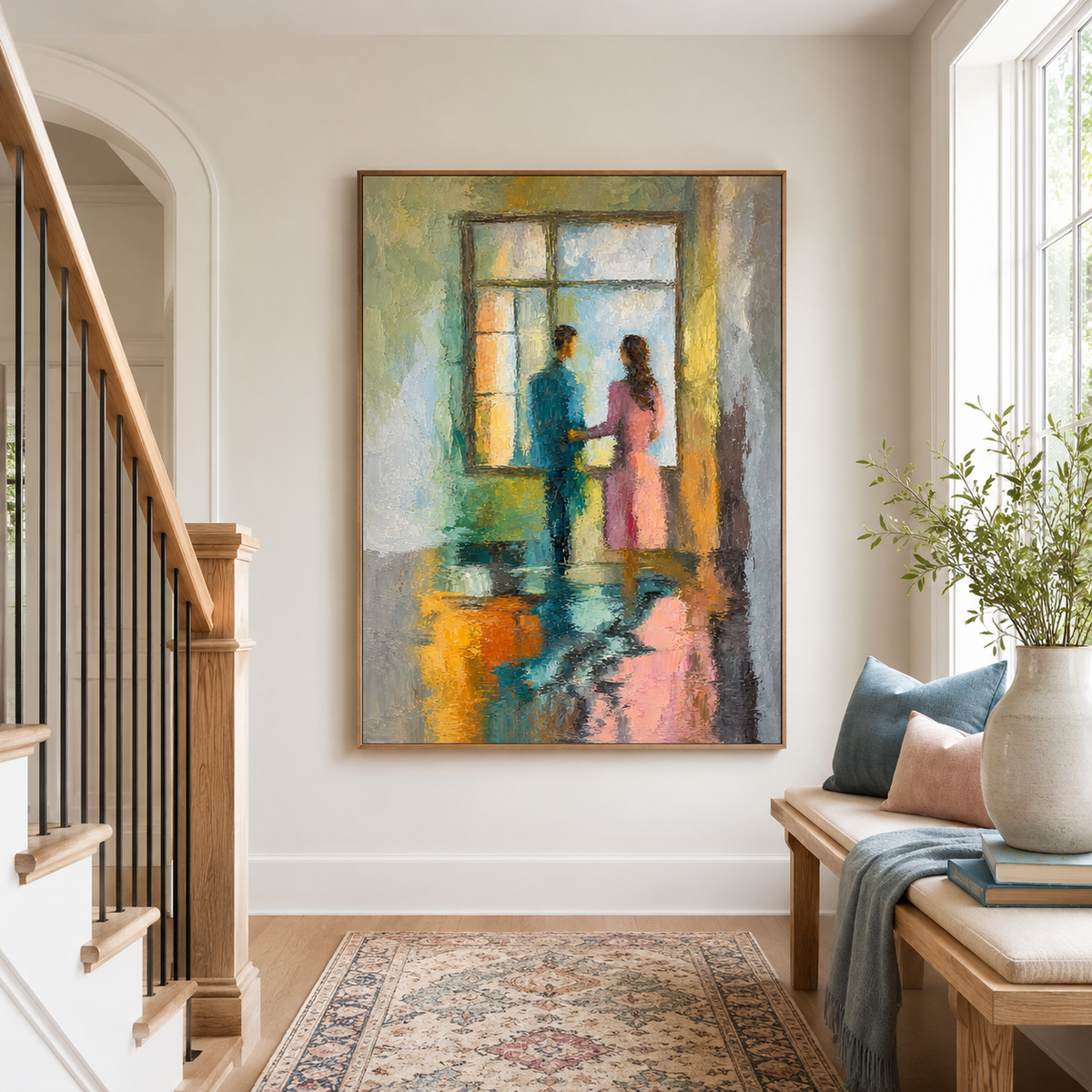 Hand-Painted Abstract Water Reflection Painting -- Modern Contemporary Wall Art Window