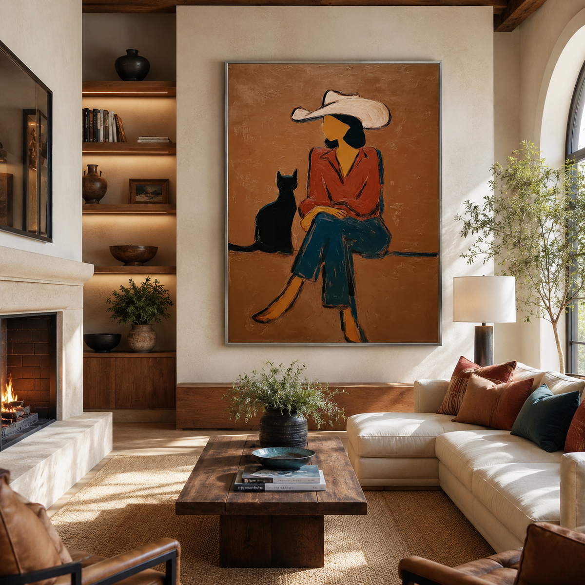 Cowgirl with Black Cat Painting Love Pet