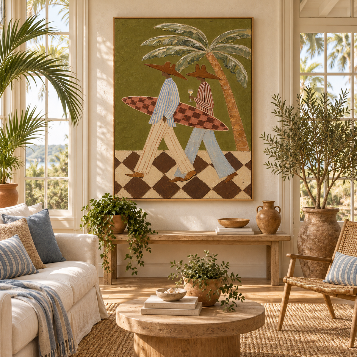 Coastal Surf Couple Sage Green Painting