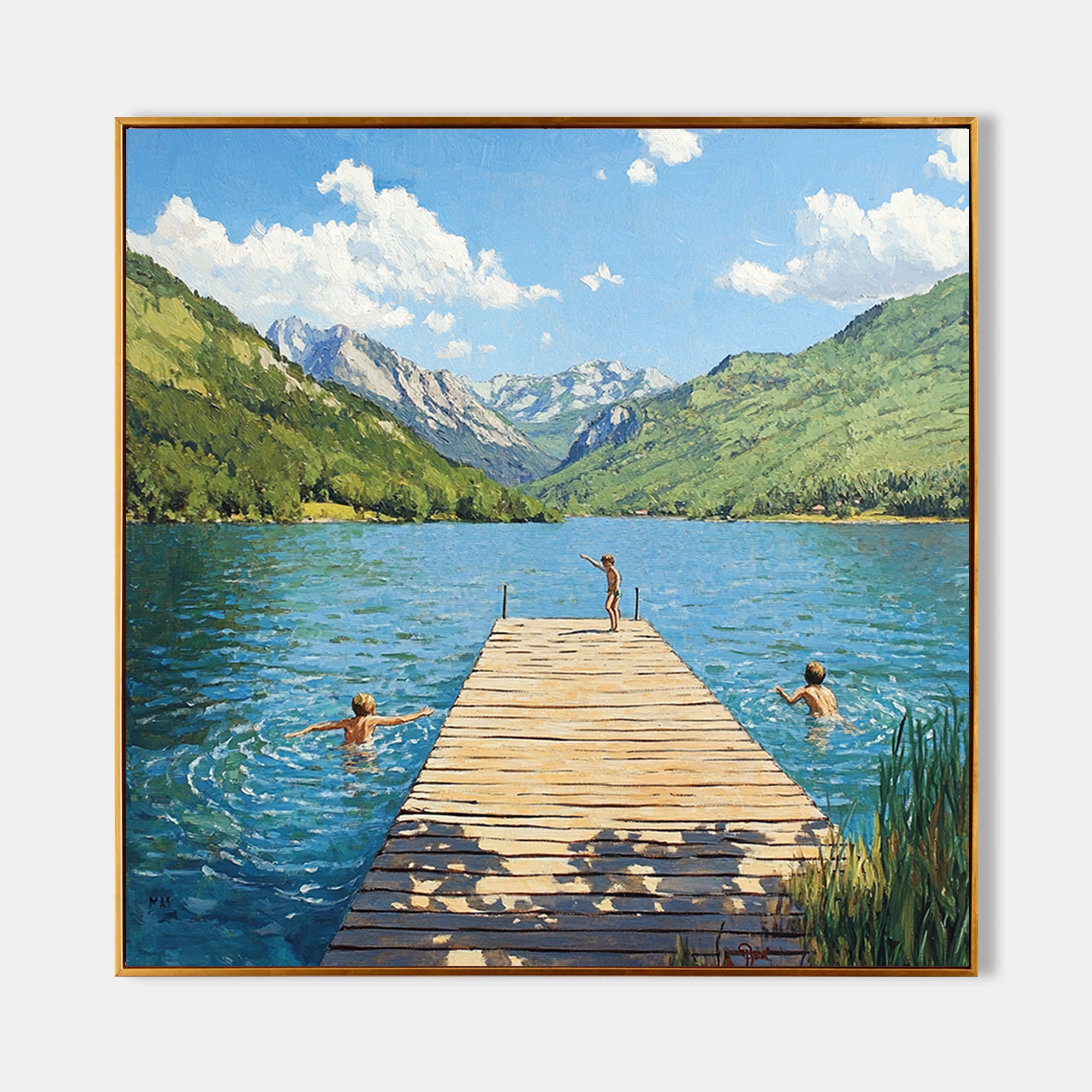 Hand-painted Impressionist Mountain Lake Oil Painting - Original Summer Landscape with Children Wall Art