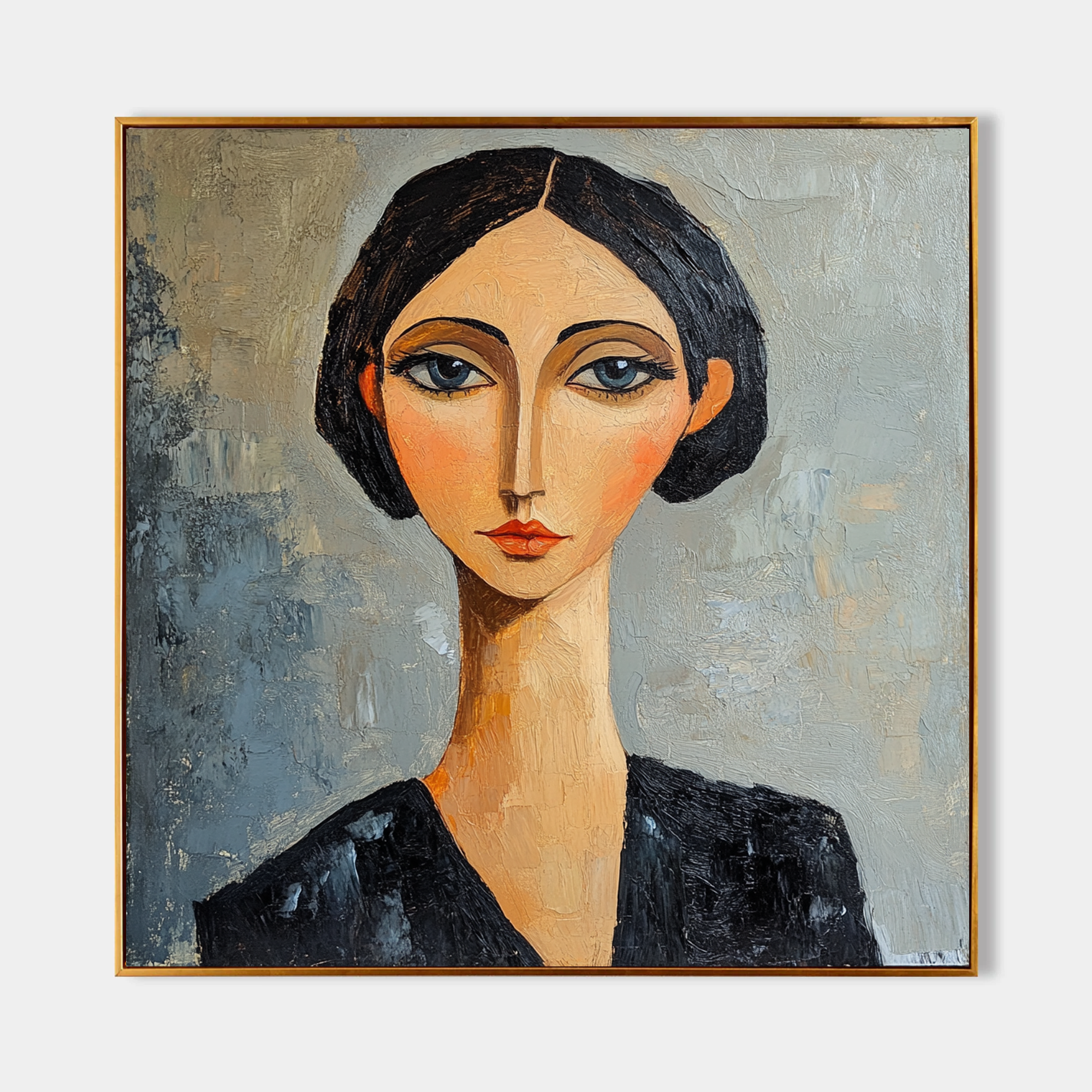Modern Expressionist Female Portrait Oil Painting - Hand-Painted Modigliani-Stylized Woman Wall Art