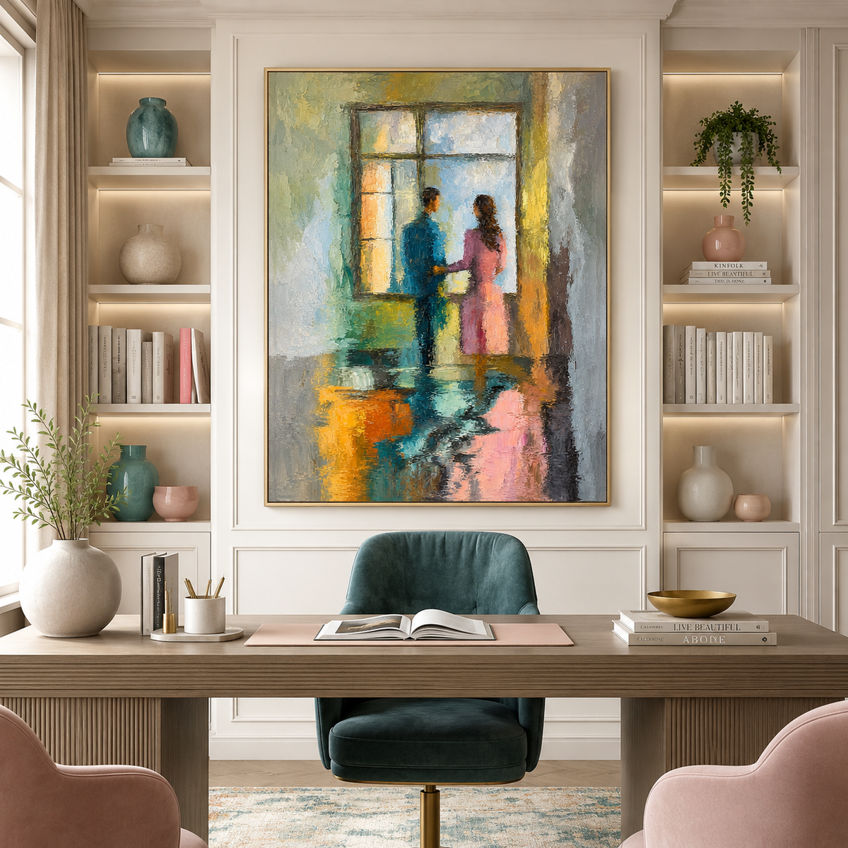 Hand-Painted Abstract Water Reflection Painting -- Modern Contemporary Wall Art Window