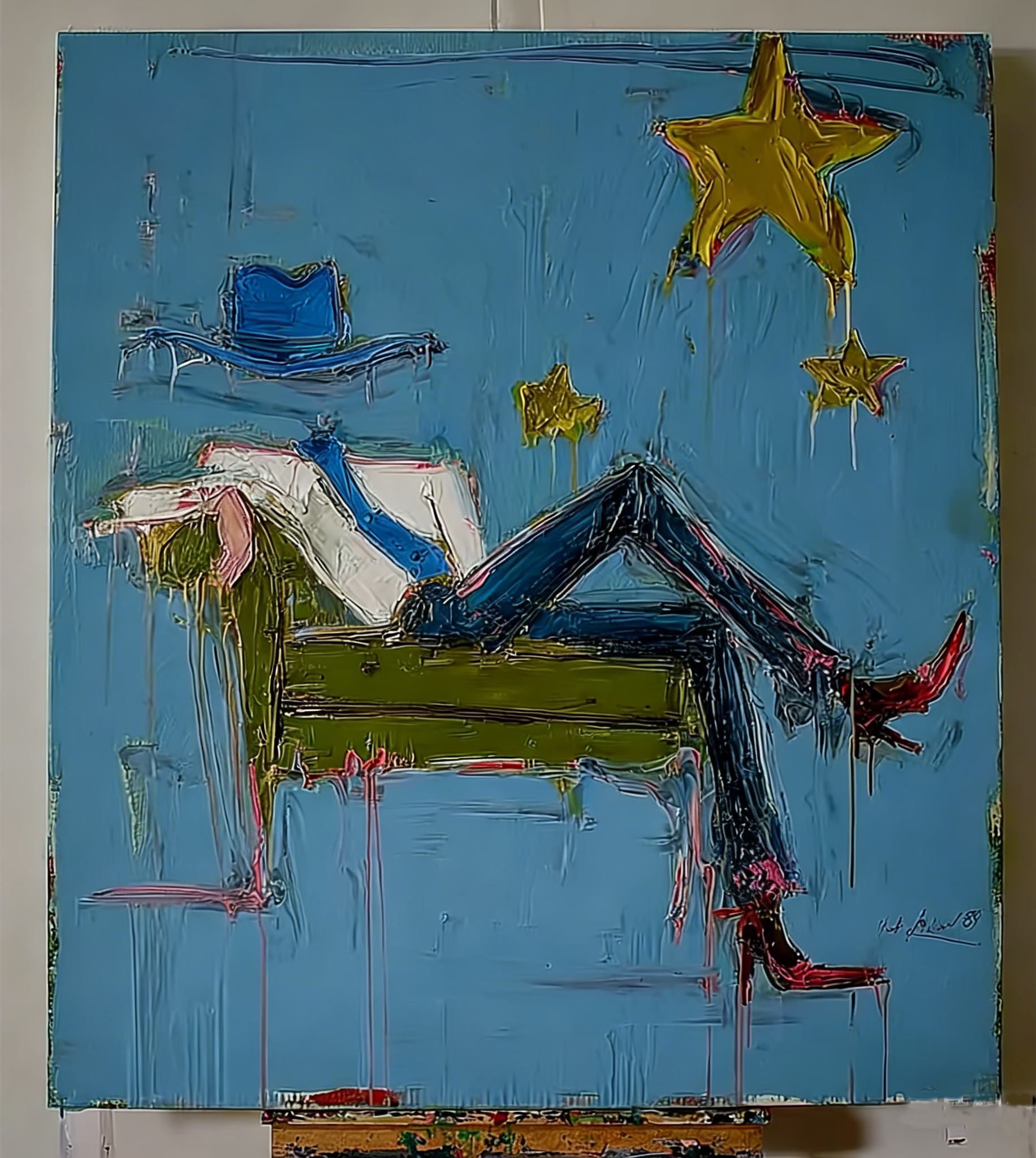 Abstract Woman on Chair Painting, Modern Fashion Wall Art, Blue Star Canvas, Hand Painted Contemporary Glam Decor