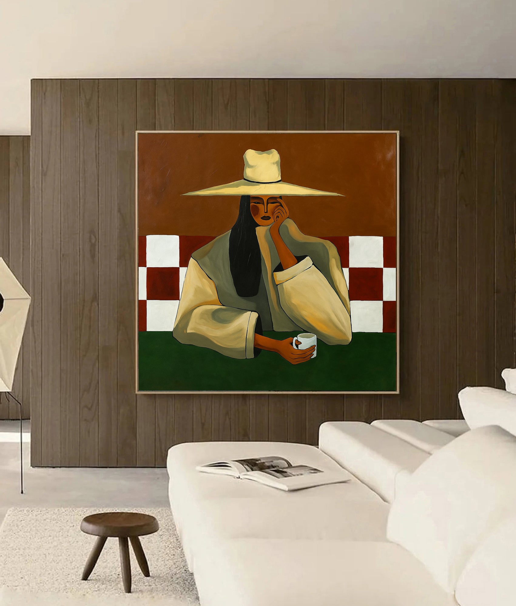 Original Modern Female Portrait Painting - Elegant Woman and Coffee Abstract Wall Art