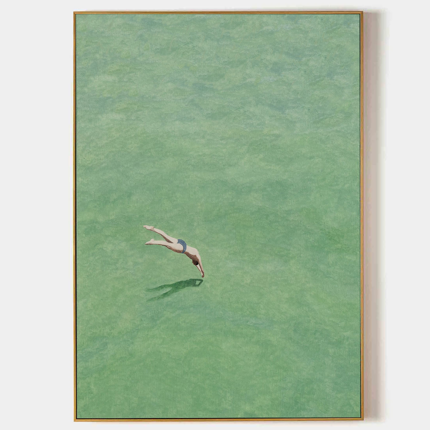 Diving into the Green" Original Swimmer Abstract Painting - Minimalist Green Wall Art for Home Decor