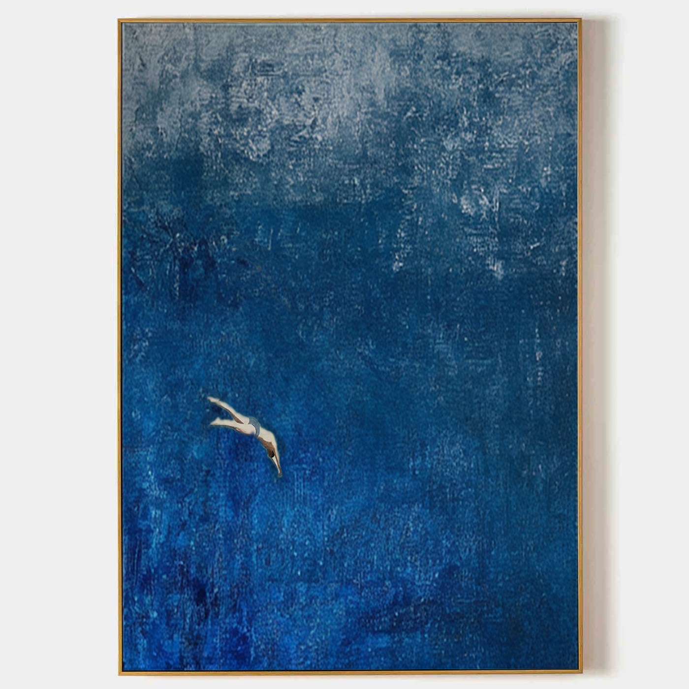 “Dive into the Blue" Original Hand-Painted Diver Minimalist Painting - Textured Deep Blue Abstract Wall Art