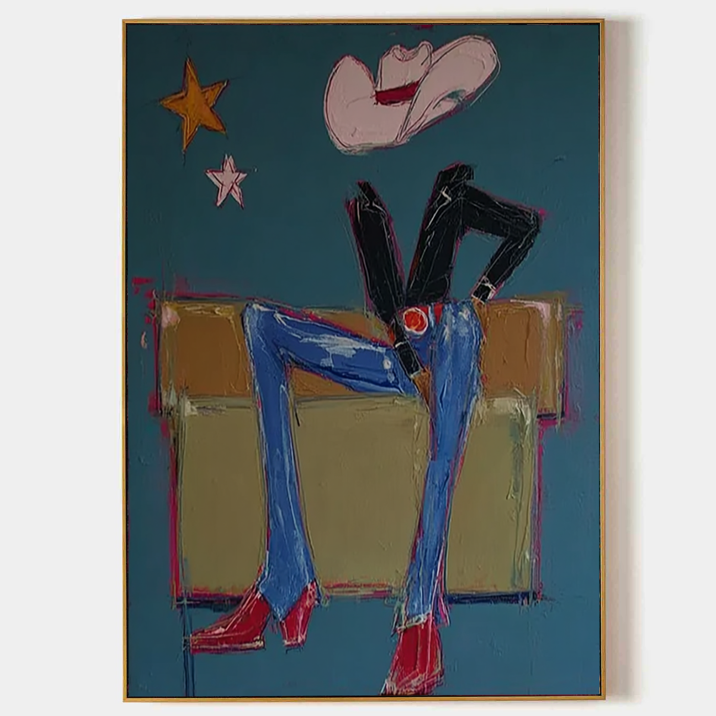 Cowgirl Boots Wall Art, Abstract Fashion Woman Painting, Western Chic Canvas, Hand Painted Blue Red Modern Decor