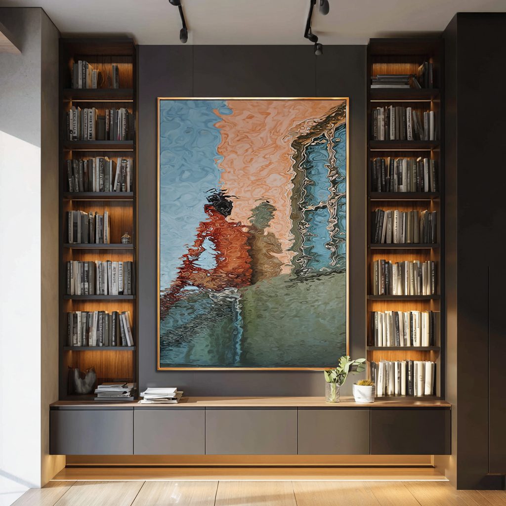 Hand-Painted Abstract Water Reflection Painting -- Modern Contemporary Figurative Wall Art for Living Room