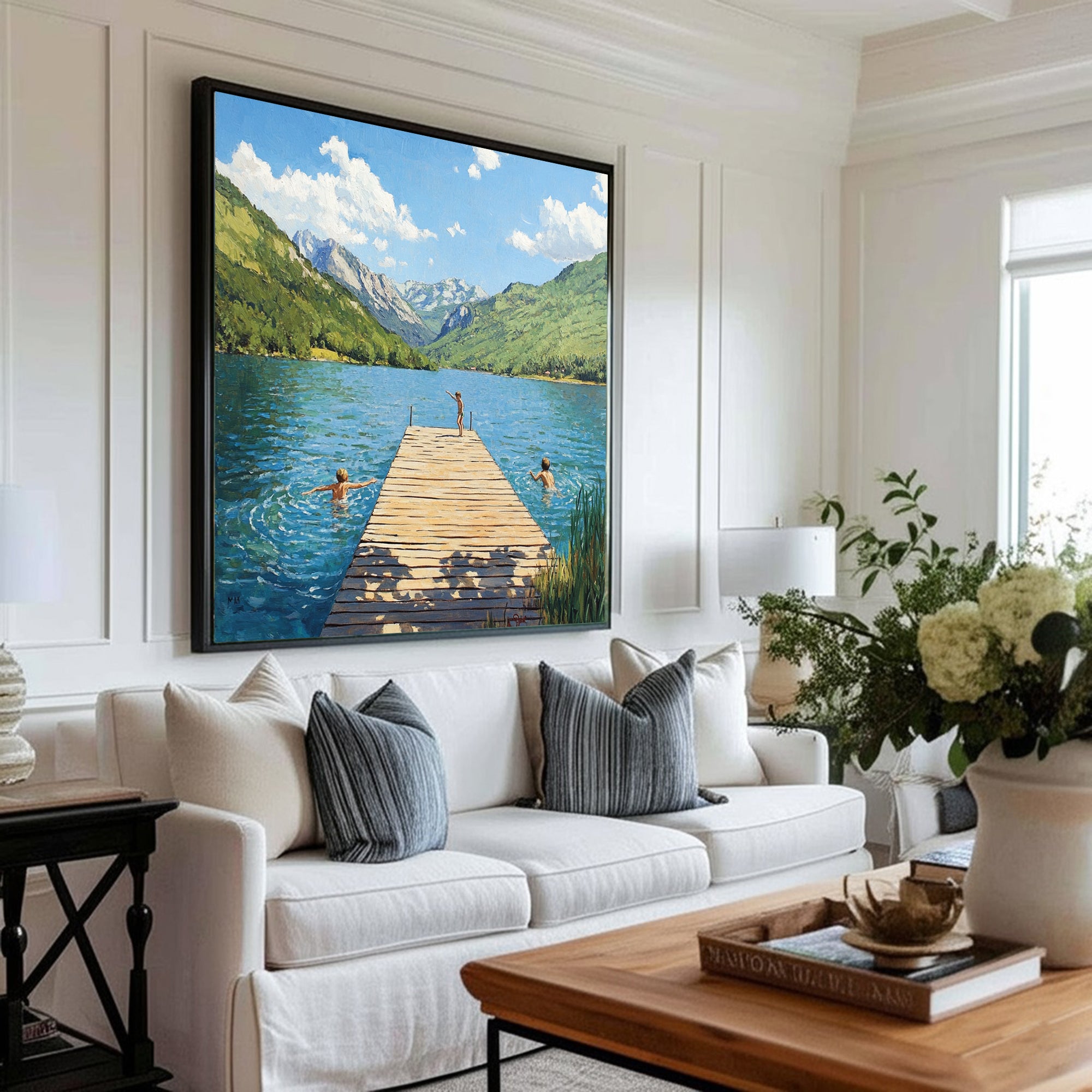 Hand-painted Impressionist Mountain Lake Oil Painting - Original Summer Landscape with Children Wall Art