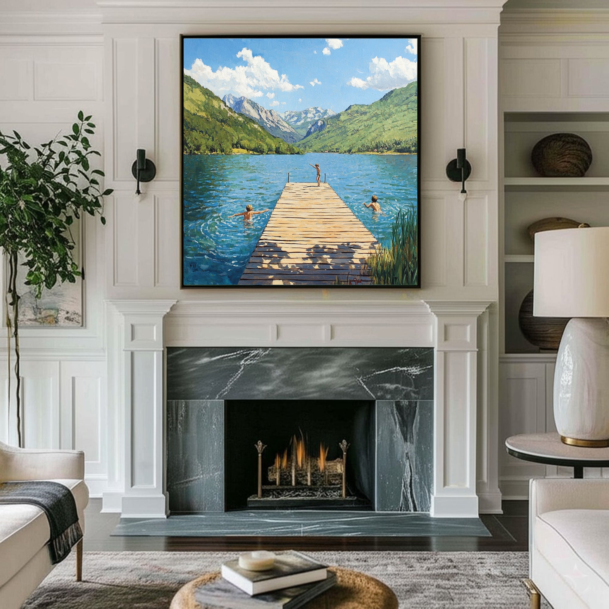 Hand-painted Impressionist Mountain Lake Oil Painting - Original Summer Landscape with Children Wall Art