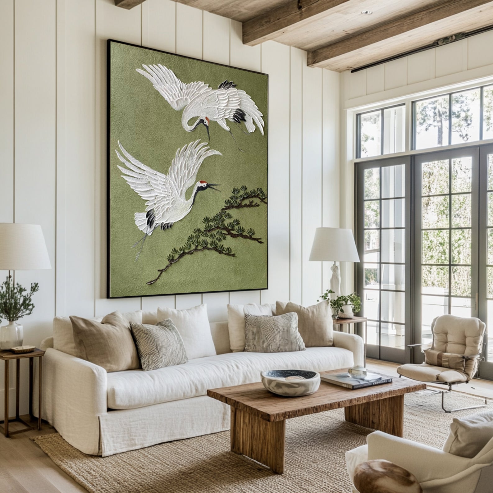 Eternal Flight -- 3D Textured Crane and Pine Original Art