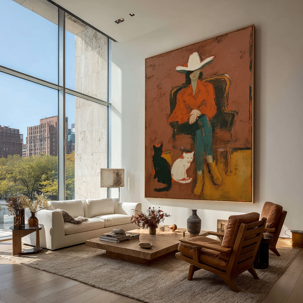 Abstract Cowgirl with Black White Cats Painting, Minimalist Western Art, Hand Painted Oil Painting, Modern Rustic Wall Art, Woman in Hat Artwork (Copy)