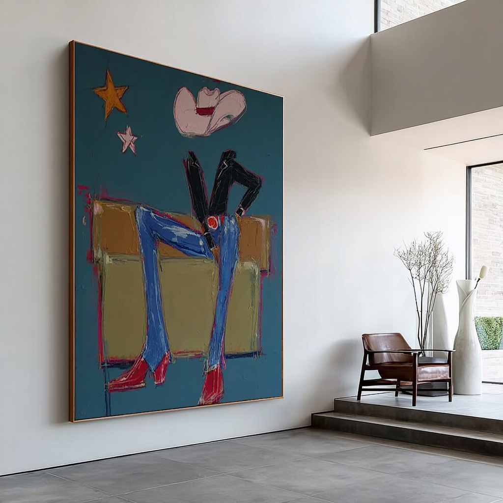 Cowgirl Boots Wall Art, Abstract Fashion Woman Painting, Western Chic Canvas, Hand Painted Blue Red Modern Decor