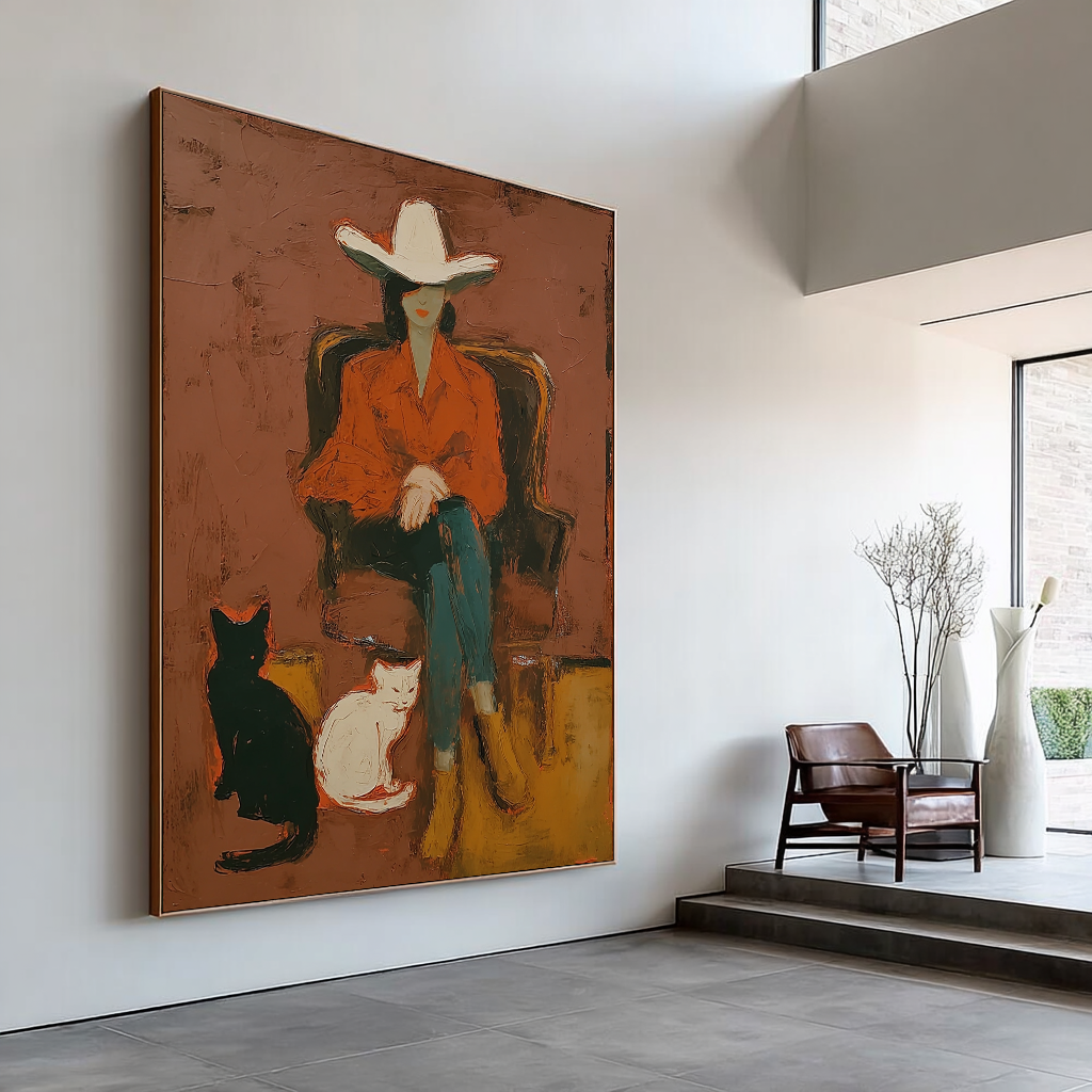 Abstract Cowgirl with Black White Cats Painting, Minimalist Western Art, Hand Painted Oil Painting, Modern Rustic Wall Art, Woman in Hat Artwork (Copy)