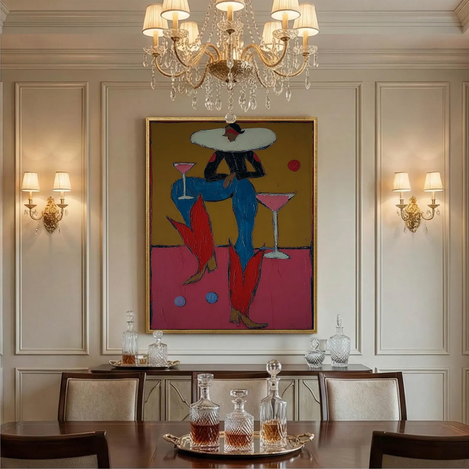 Fashion Woman with Martini Glass Painting, Hand Painted Abstract Lady Canvas, Modern Glam Wall Art, Colorful Chic Feminine Decor