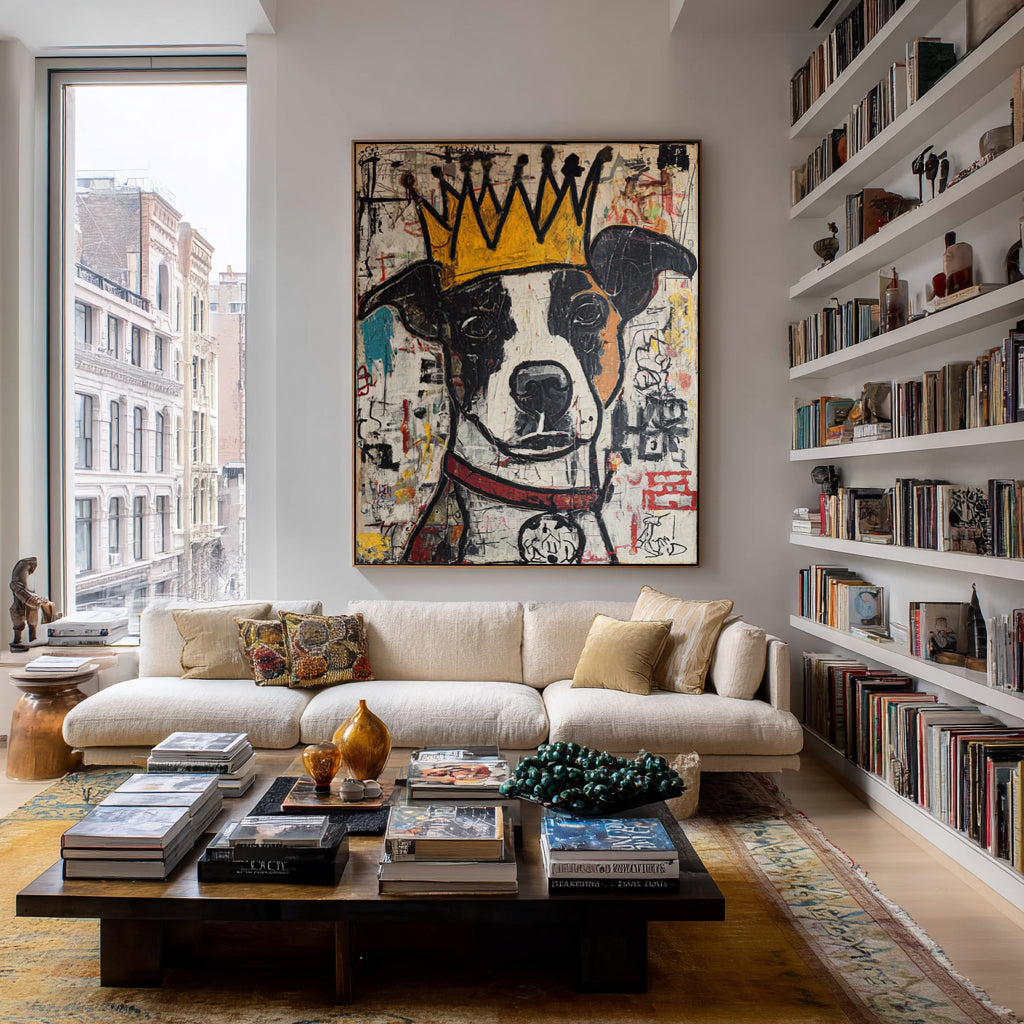 Urban King: Hand-Painted Basquiat-Style Graffiti Dog Canvas Art