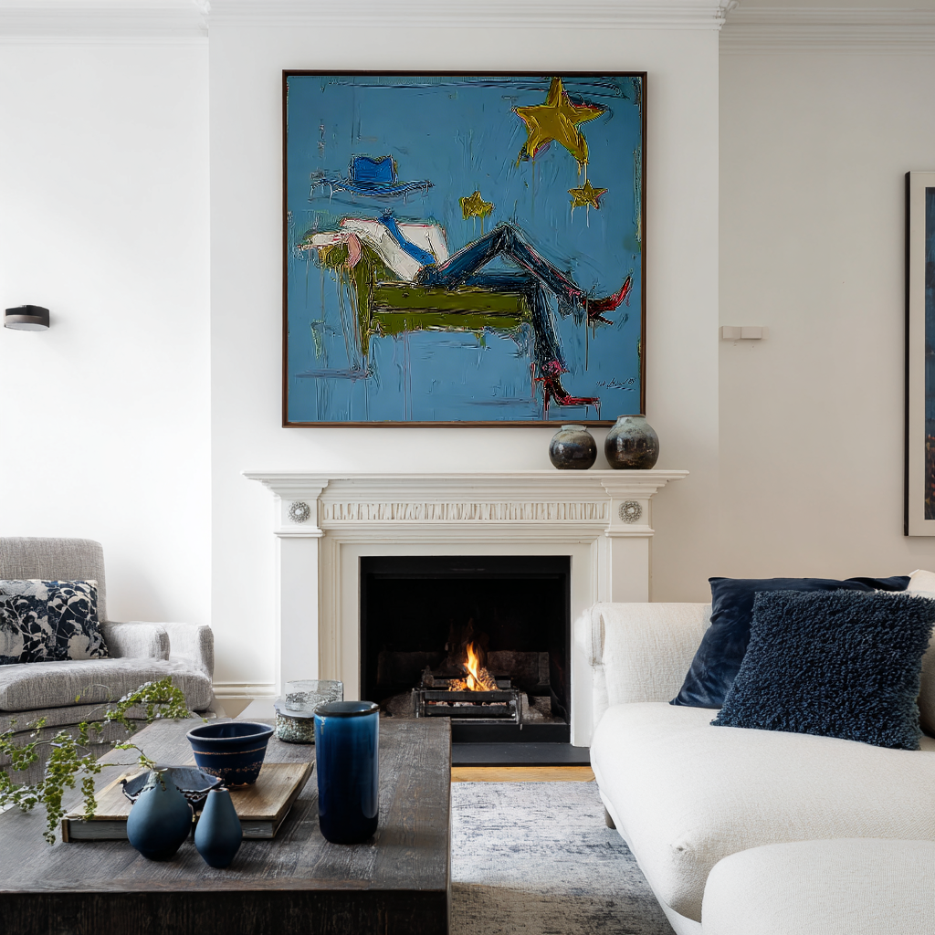 Abstract Cowboy Blue Painting, Modern Fashion Wall Art, Blue Star Canvas, Hand Painted Contemporary Glam Decor