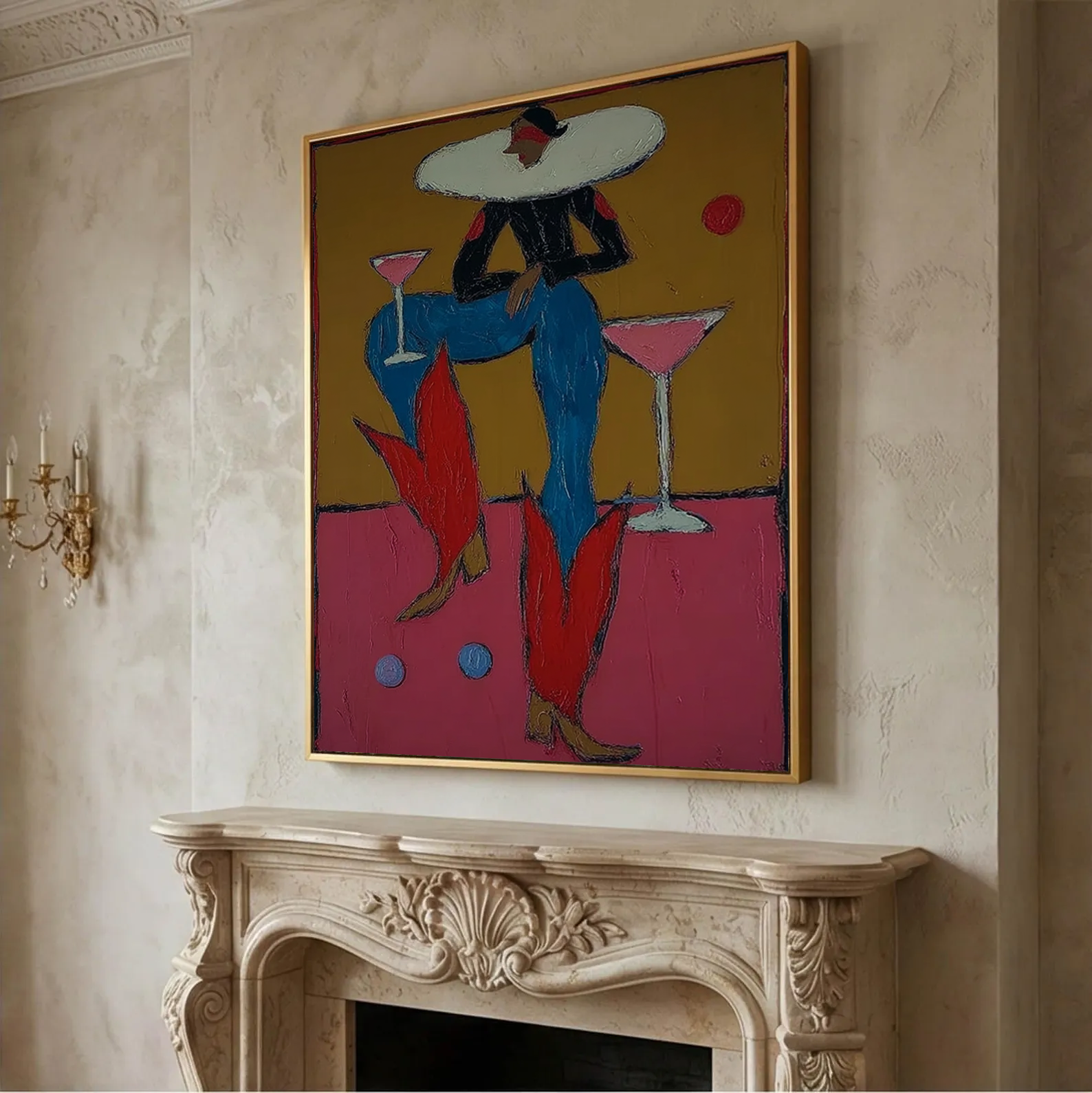 Fashion Woman with Martini Glass Painting, Hand Painted Abstract Lady Canvas, Modern Glam Wall Art, Colorful Chic Feminine Decor