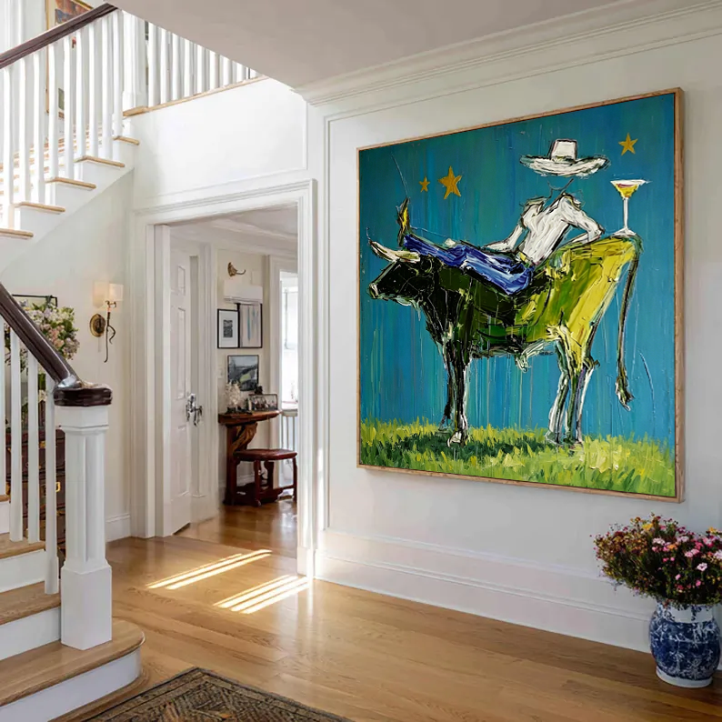 Abstract Cowboy on Bull Painting, Modern Fashion Wall Art, Blue and Painted Contemporary Decor
