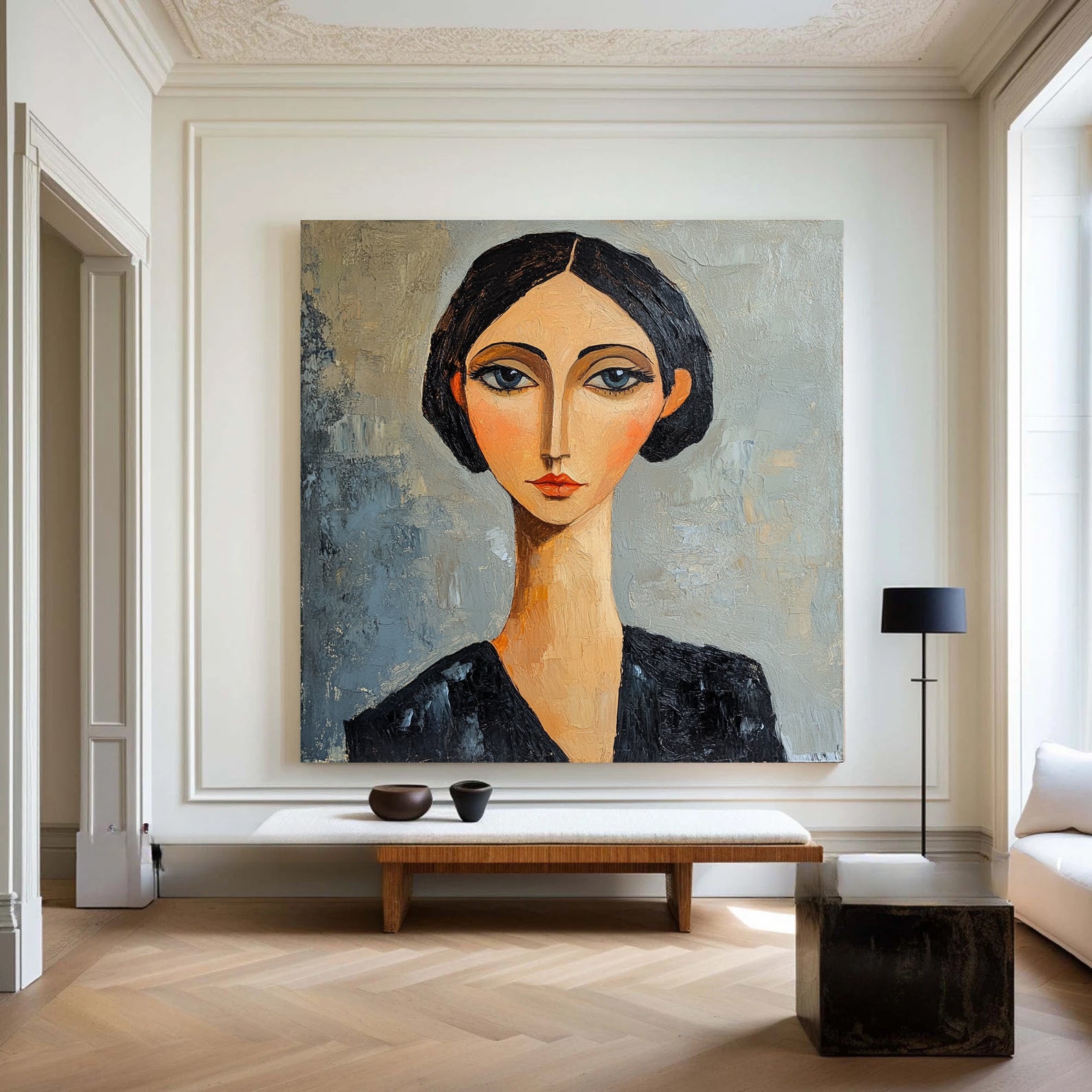 Modern Expressionist Female Portrait Oil Painting - Hand-Painted Modigliani-Stylized Woman Wall Art