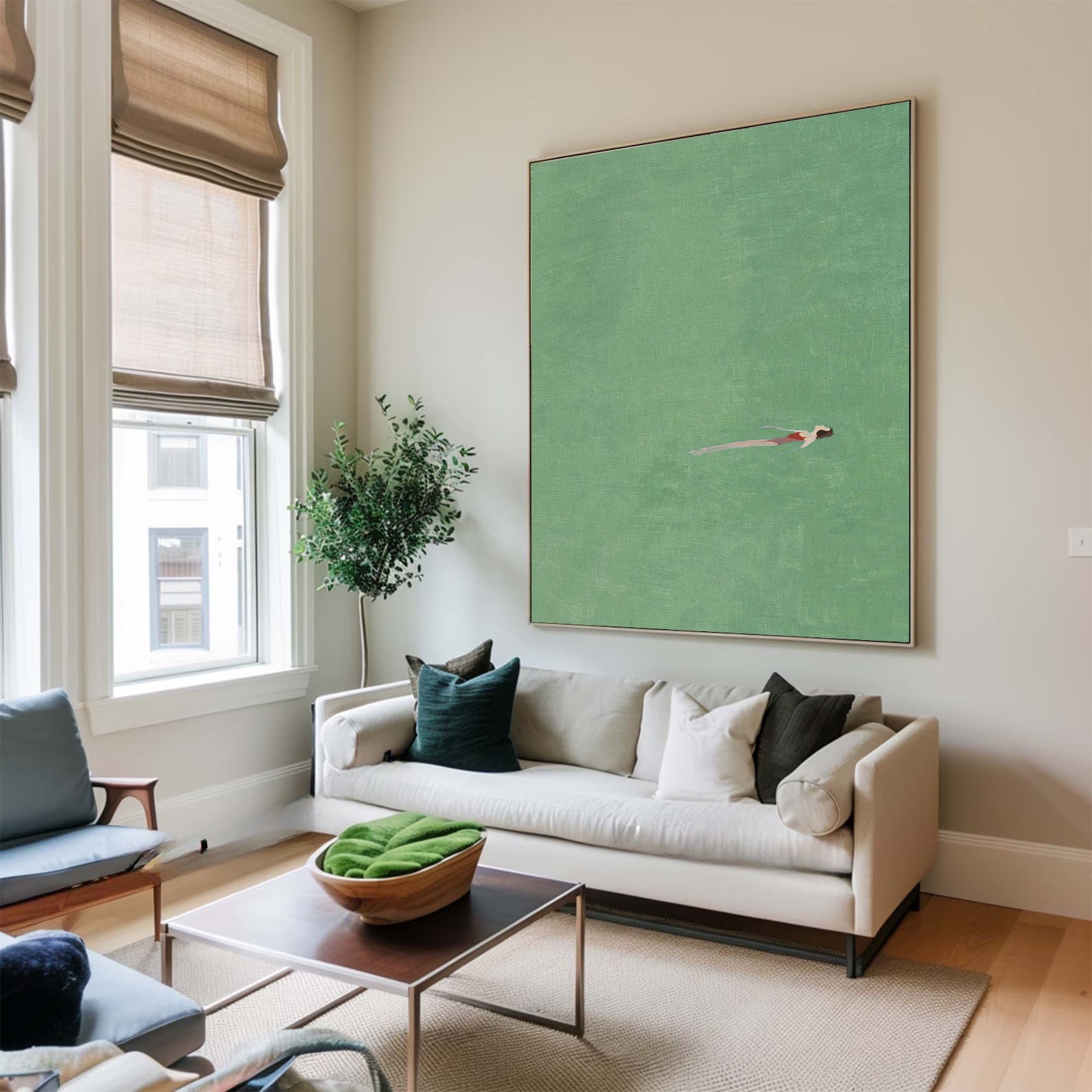 Original Summer Swimer Abstract Painting - Minimalist Emerald Green Water Wall Art for Home Decor