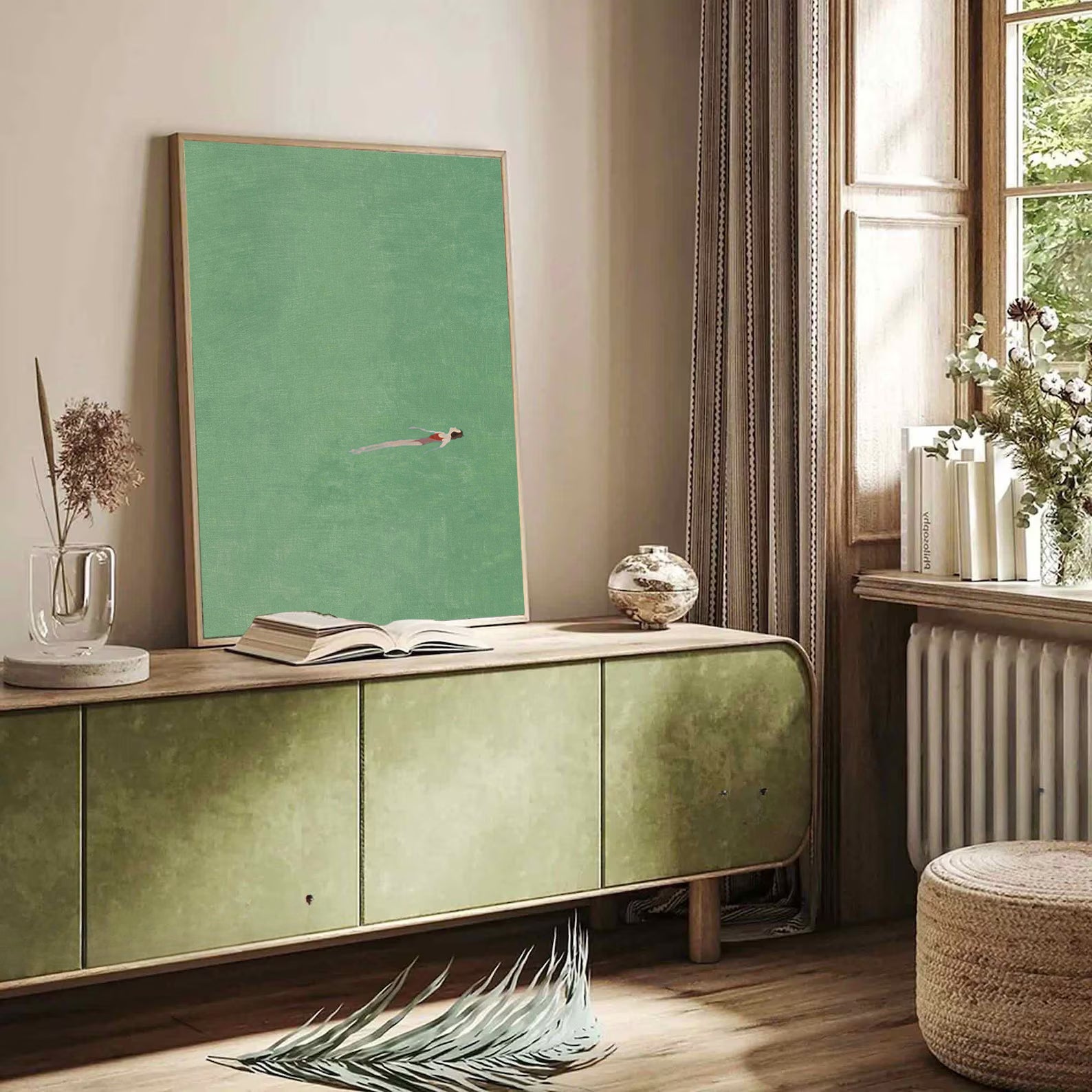 Original Summer Swimer Abstract Painting - Minimalist Emerald Green Water Wall Art for Home Decor