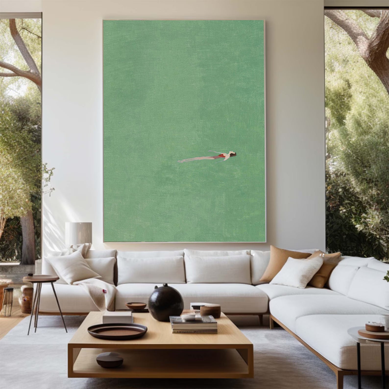 Original Summer Swimer Abstract Painting - Minimalist Emerald Green Water Wall Art for Home Decor