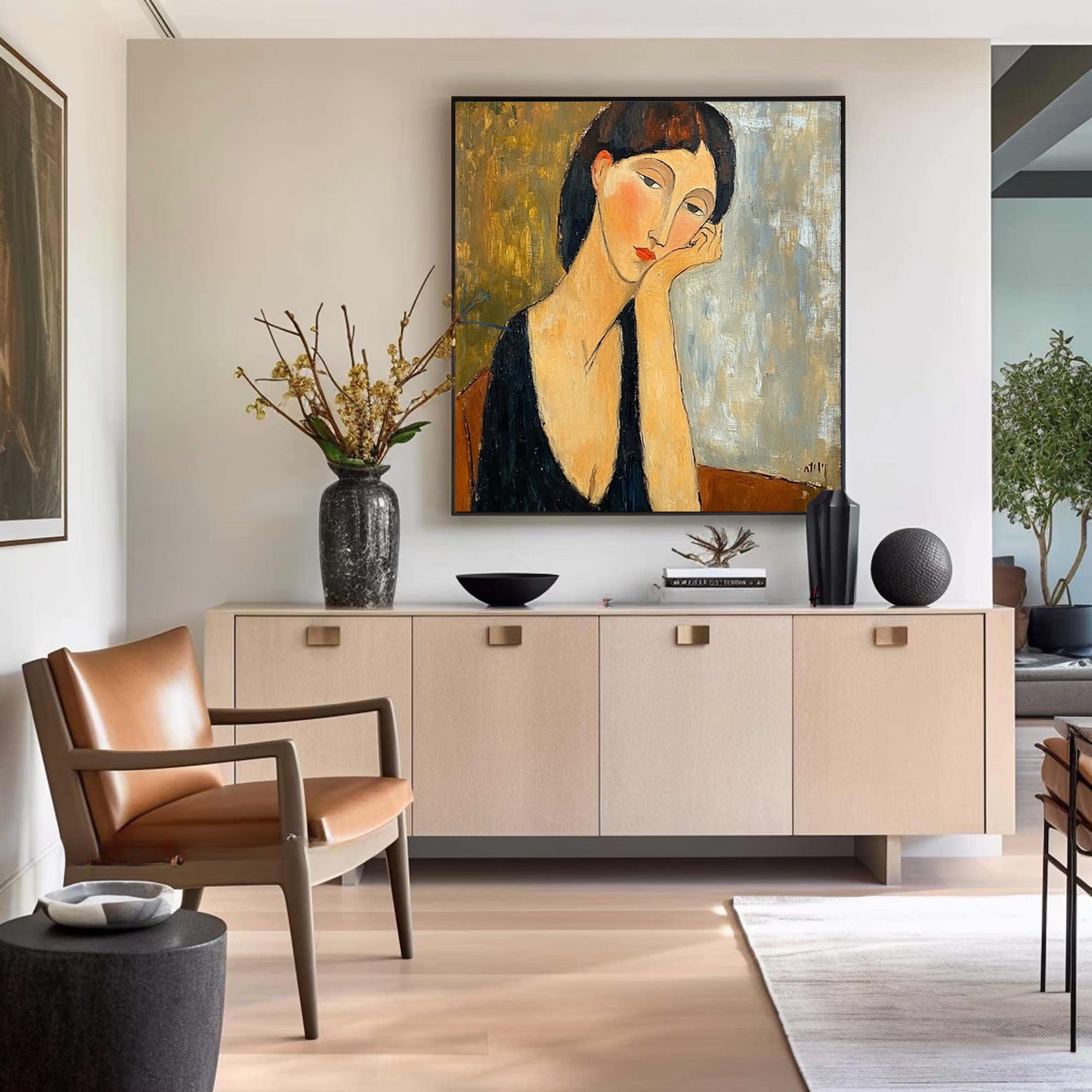 "The Pensive Muse" Original Portrait Oil Painting - Modigliani Style Hand-Painted Woman Wall Art