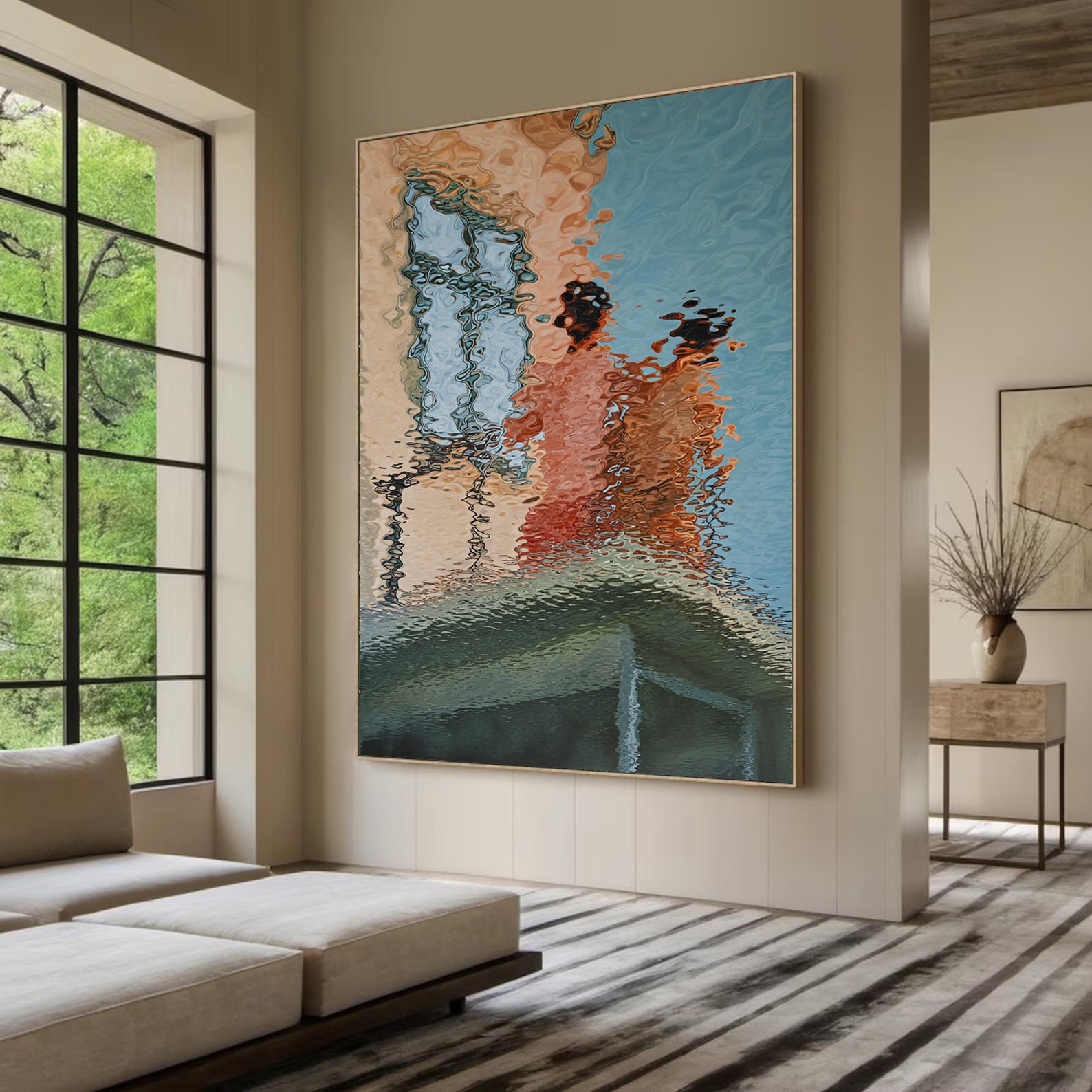 Hand-Painted Abstract Water Reflection Painting -- Modern Contemporary Wall Art for Living Room