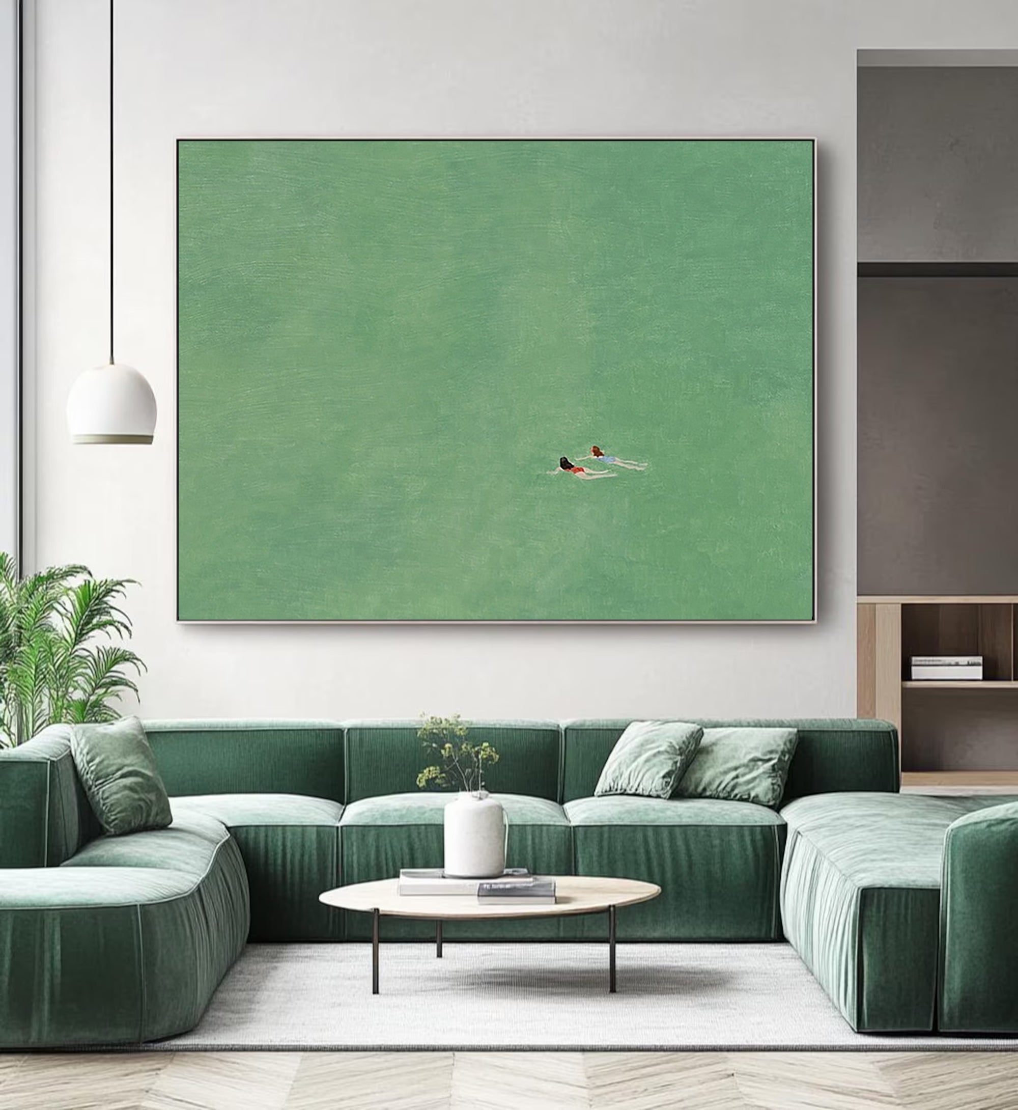 Original Summer Swim Oil Painting - Minimalist Emerald Green Water Wall Art for Home Decor