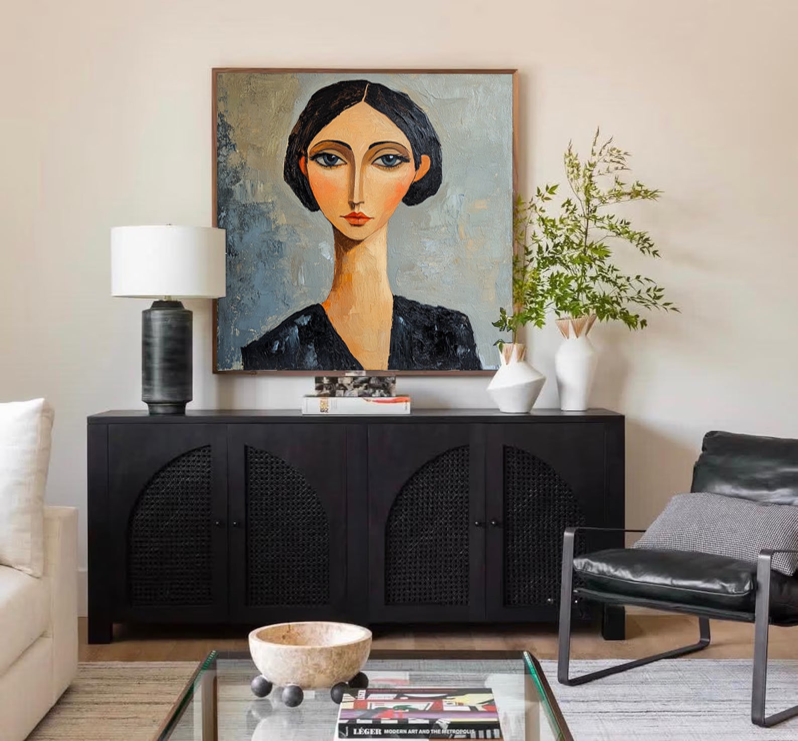 Modern Expressionist Female Portrait Oil Painting - Hand-Painted Modigliani-Stylized Woman Wall Art